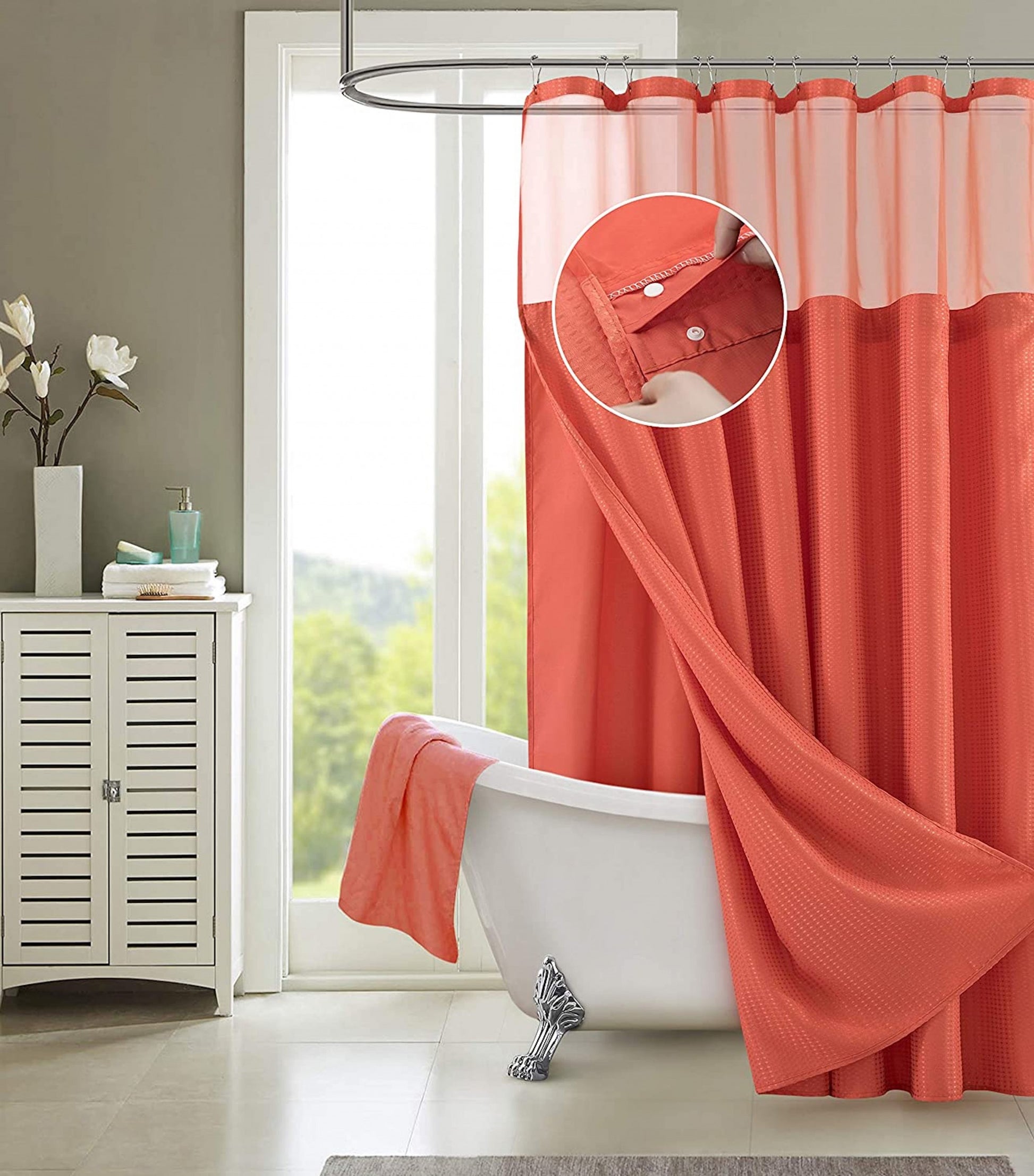 Coral Sheer and Grid Shower Curtain and Liner Set-7