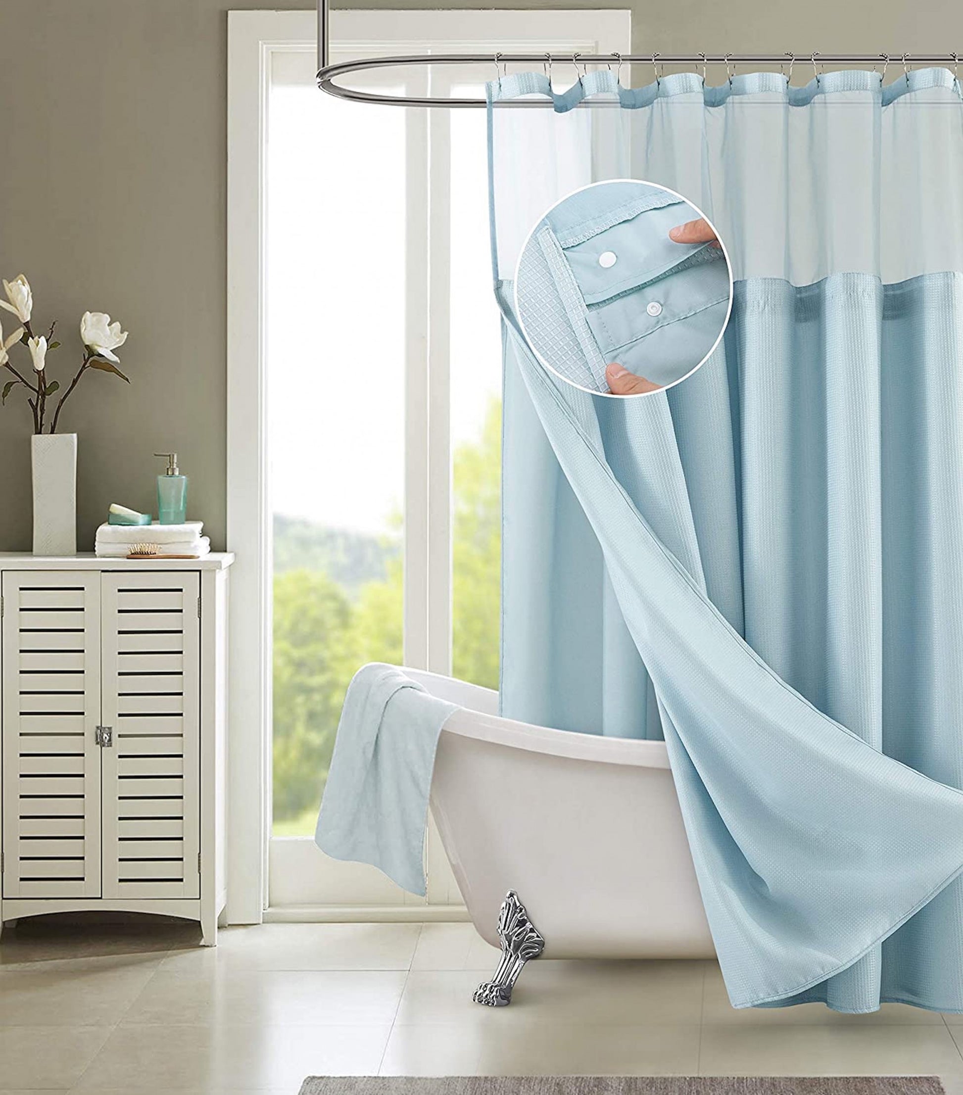 Light Blue Sheer and Grid Shower Curtain and Liner Set-6