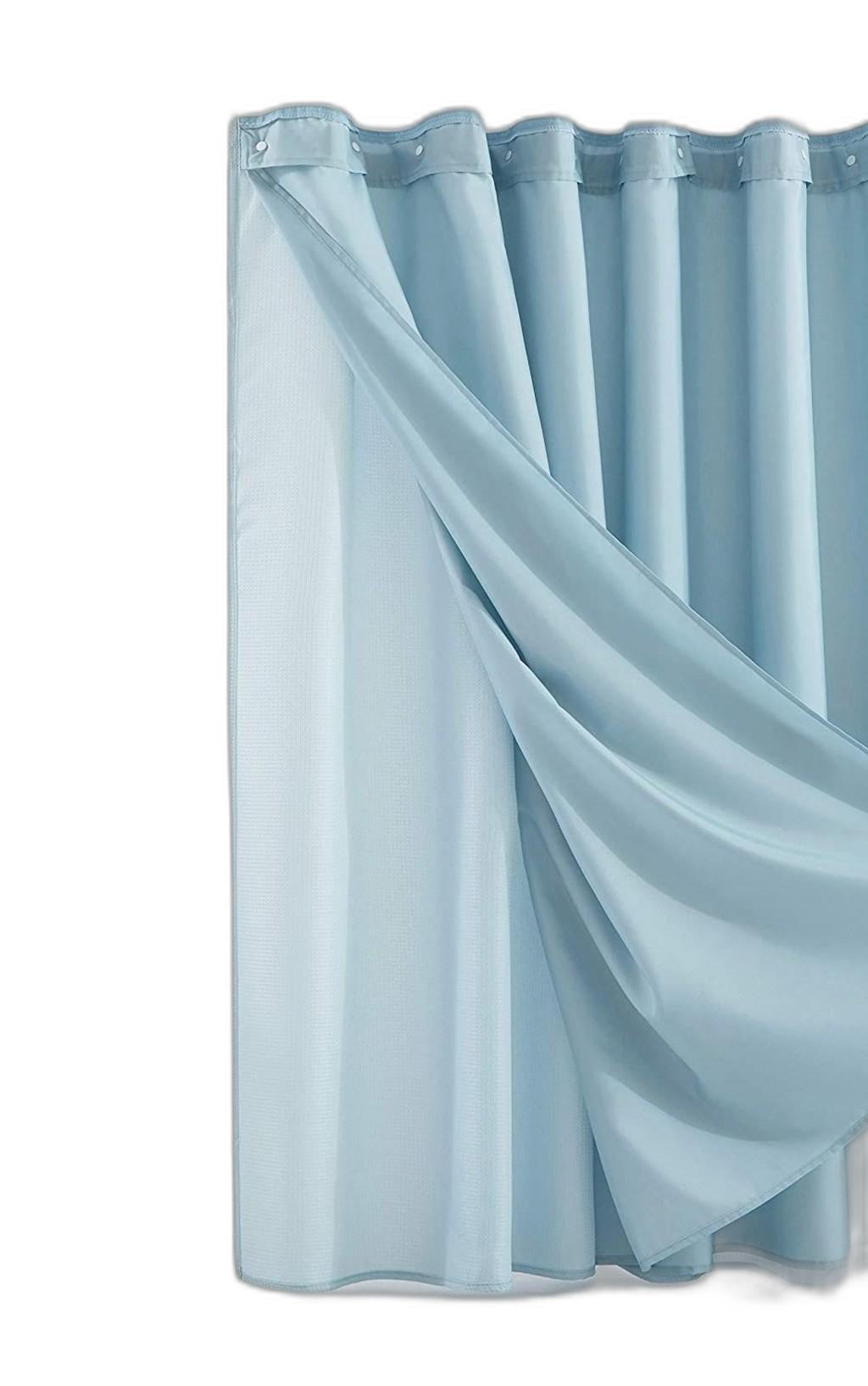 Light Blue Sheer and Grid Shower Curtain and Liner Set-0