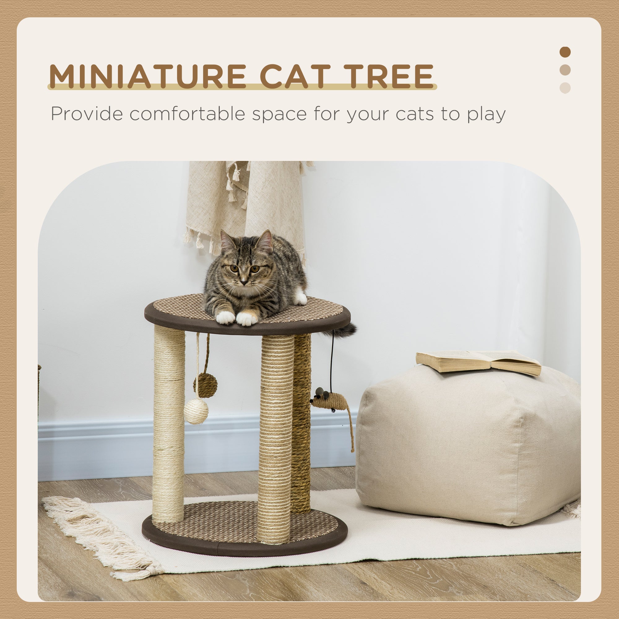 17" Cat Tree, Kitty Activity Centre with Hanging Toys, Cat Tower with Jute, Sisal, Seagrass Scratching Post, Brown