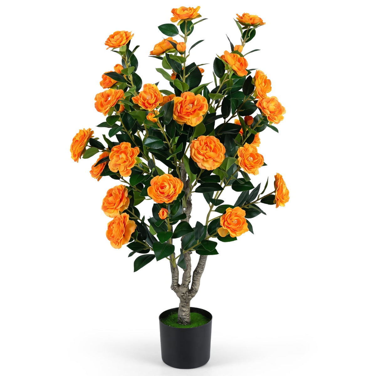 39.5" Artificial Camellia Tree with Orange Blossoms in Cement Pot for Home Decoration-Orange-Artificial Plants-DECOROLALA