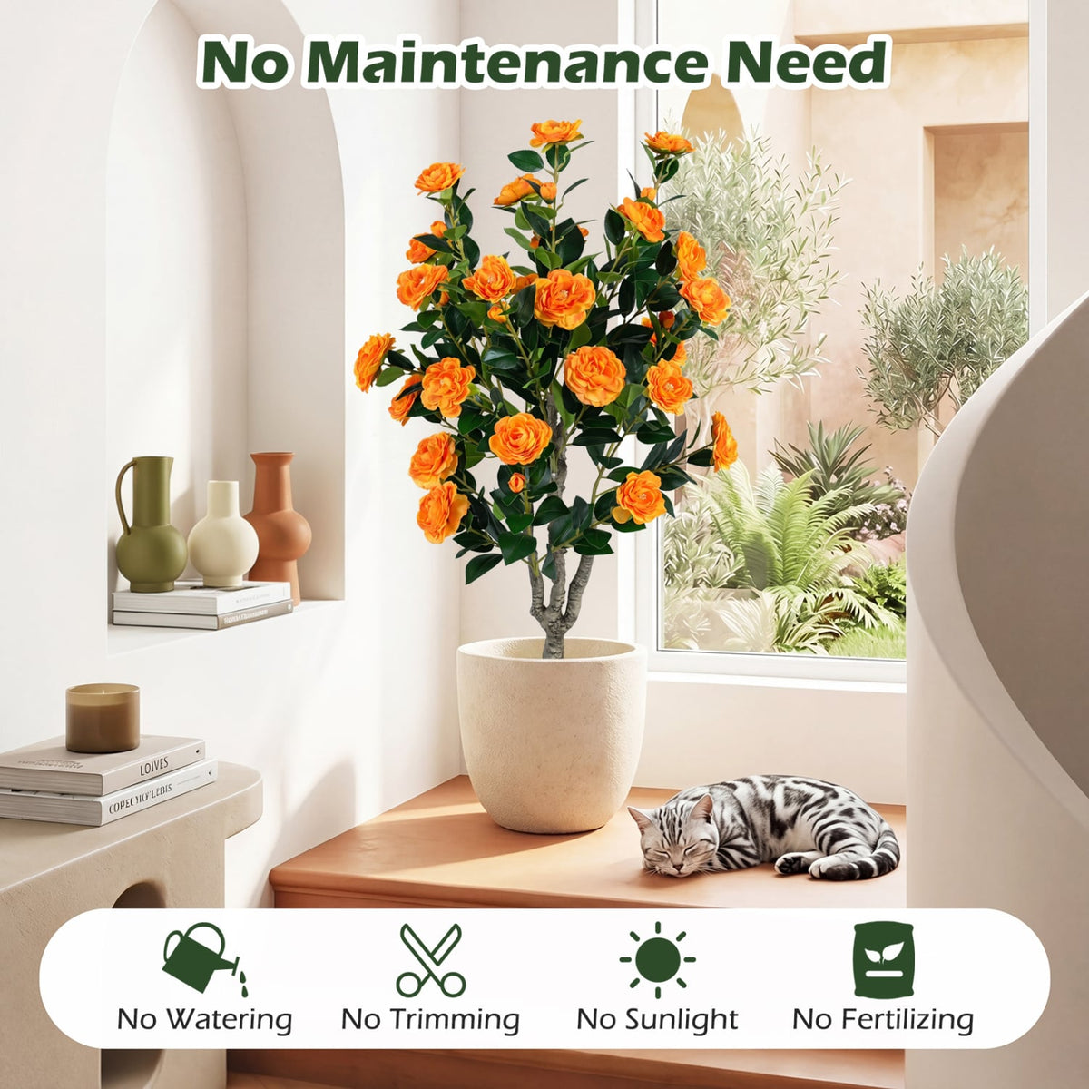 39.5" Artificial Camellia Tree with Orange Blossoms in Cement Pot for Home Decoration-Orange-Artificial Plants-DECOROLALA