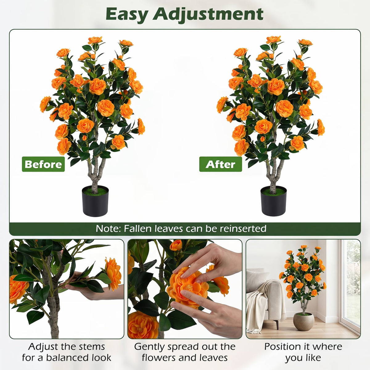 39.5" Artificial Camellia Tree with Orange Blossoms in Cement Pot for Home Decoration-Orange-Artificial Plants-DECOROLALA