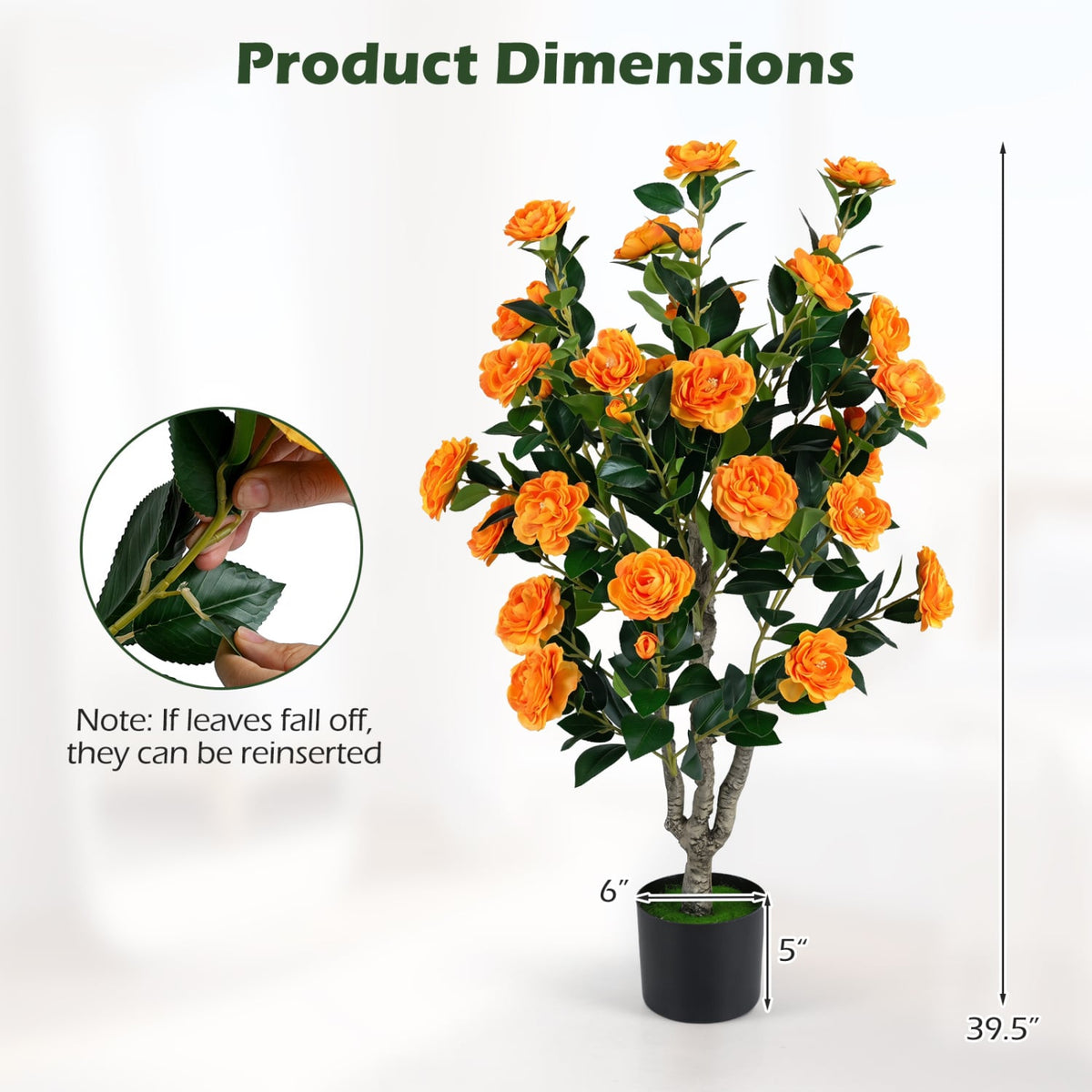 39.5" Artificial Camellia Tree with Orange Blossoms in Cement Pot for Home Decoration-Orange-Artificial Plants-DECOROLALA