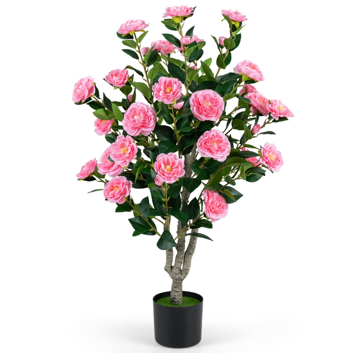 39.5" Artificial Camellia Tree with Orange Blossoms in Cement Pot for Home Decoration-Pink-Artificial Plants-DECOROLALA
