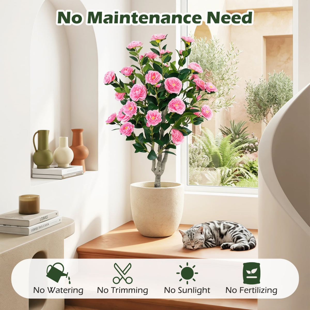 39.5" Artificial Camellia Tree with Orange Blossoms in Cement Pot for Home Decoration-Pink-Artificial Plants-DECOROLALA