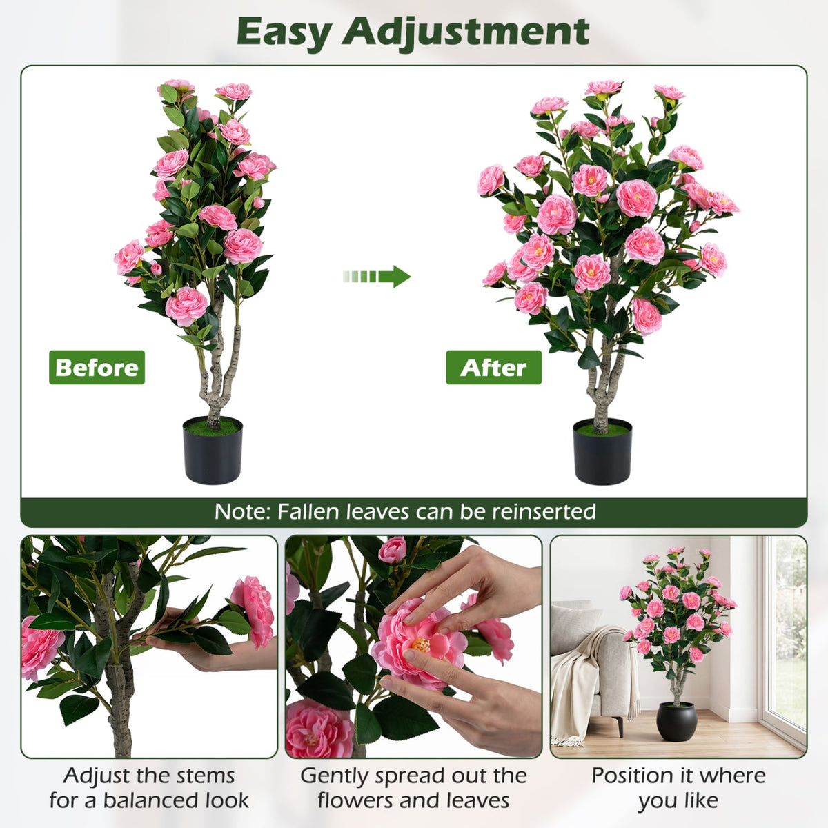39.5" Artificial Camellia Tree with Orange Blossoms in Cement Pot for Home Decoration-Pink-Artificial Plants-DECOROLALA
