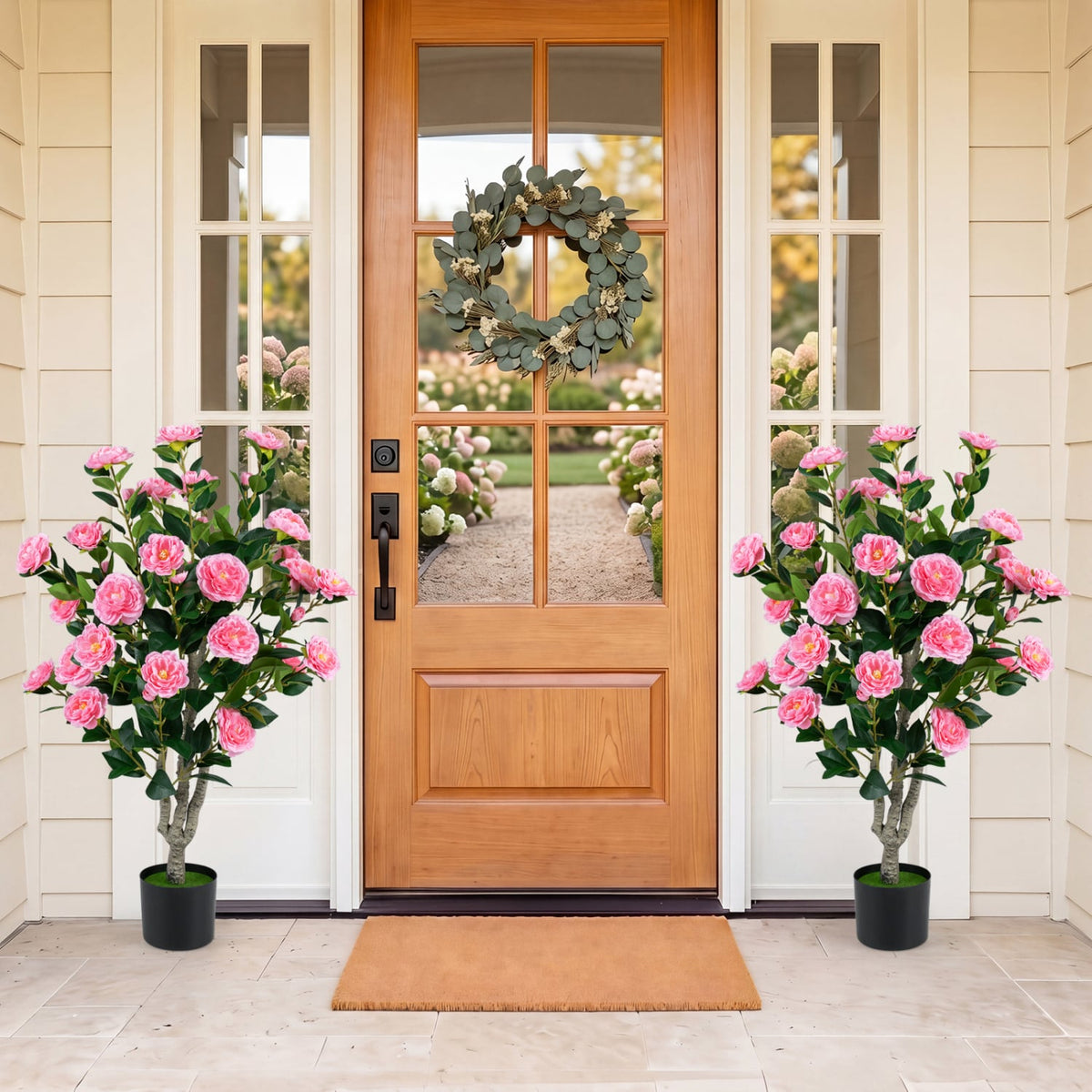 39.5" Artificial Camellia Tree with Orange Blossoms in Cement Pot for Home Decoration-Pink-Artificial Plants-DECOROLALA