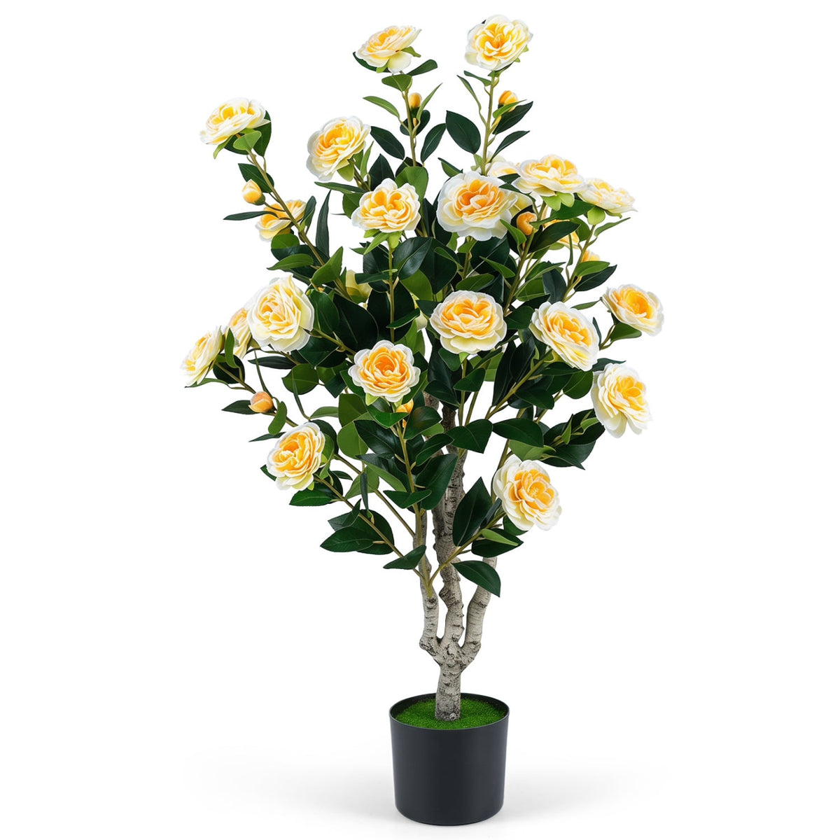 39.5" Artificial Camellia Tree with Orange Blossoms in Cement Pot for Home Decoration-White-Artificial Plants-DECOROLALA