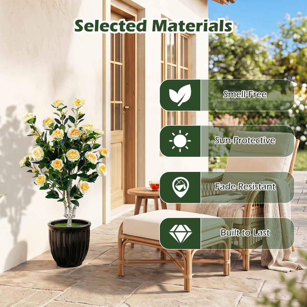 39.5" Artificial Camellia Tree with Orange Blossoms in Cement Pot for Home Decoration-White-Artificial Plants-DECOROLALA