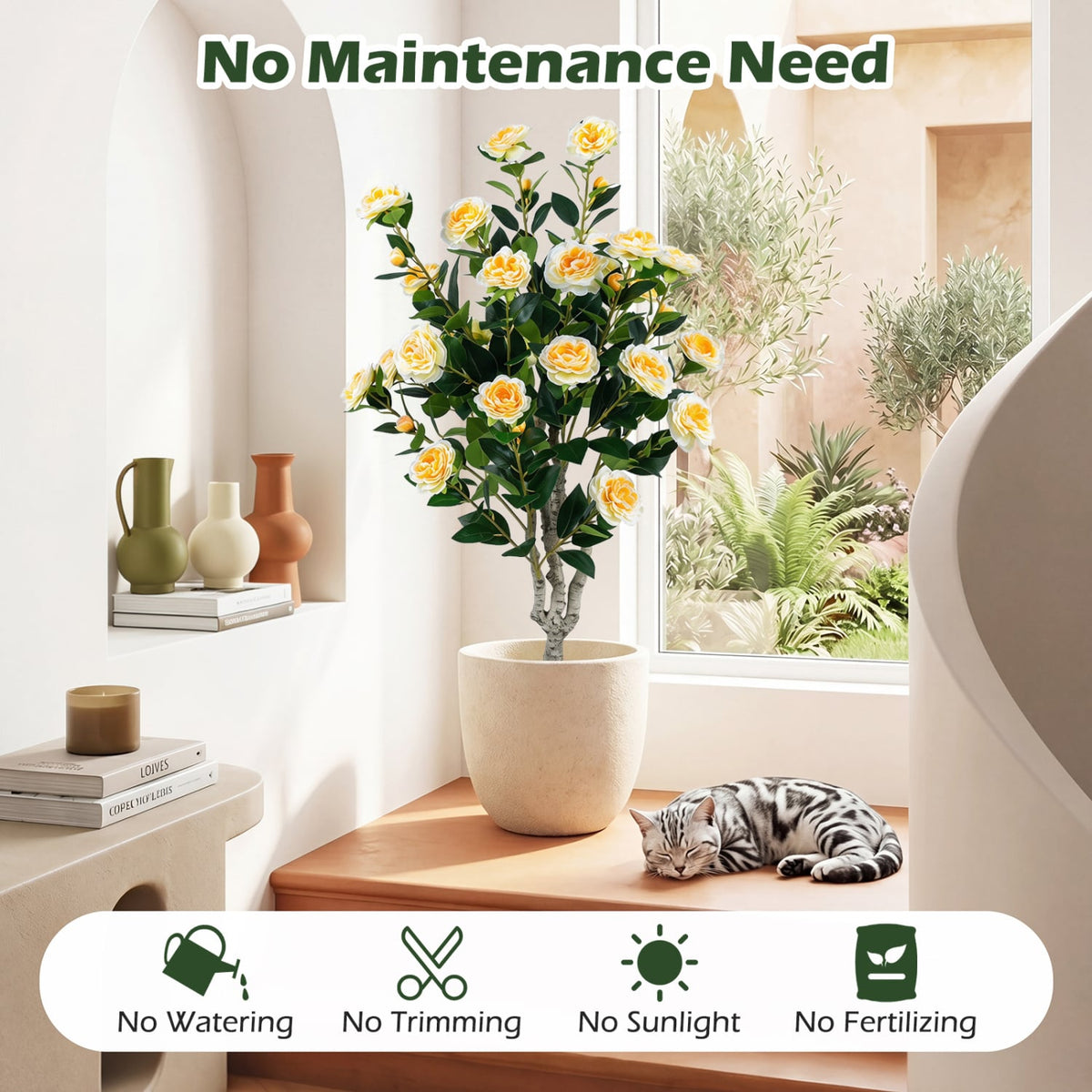 39.5" Artificial Camellia Tree with Orange Blossoms in Cement Pot for Home Decoration-White-Artificial Plants-DECOROLALA