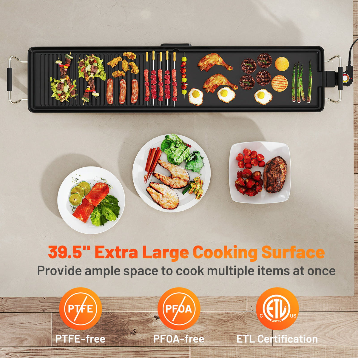 39.5 Inch Extra Large Electric Griddle with 2 Cooking Surface and Adjustable Temperatures-Cookware & Bakeware-DECOROLALA