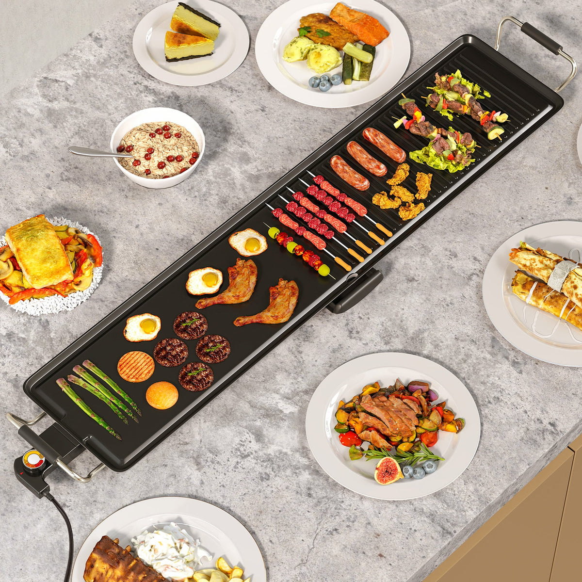 39.5 Inch Extra Large Electric Griddle with 2 Cooking Surface and Adjustable Temperatures-Cookware & Bakeware-DECOROLALA