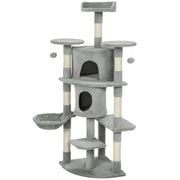 62" Cat Tree with Scratching Post, 2 Condos, Hammock, Perches, Plush, Pompoms, for Indoor Cats, Light Grey