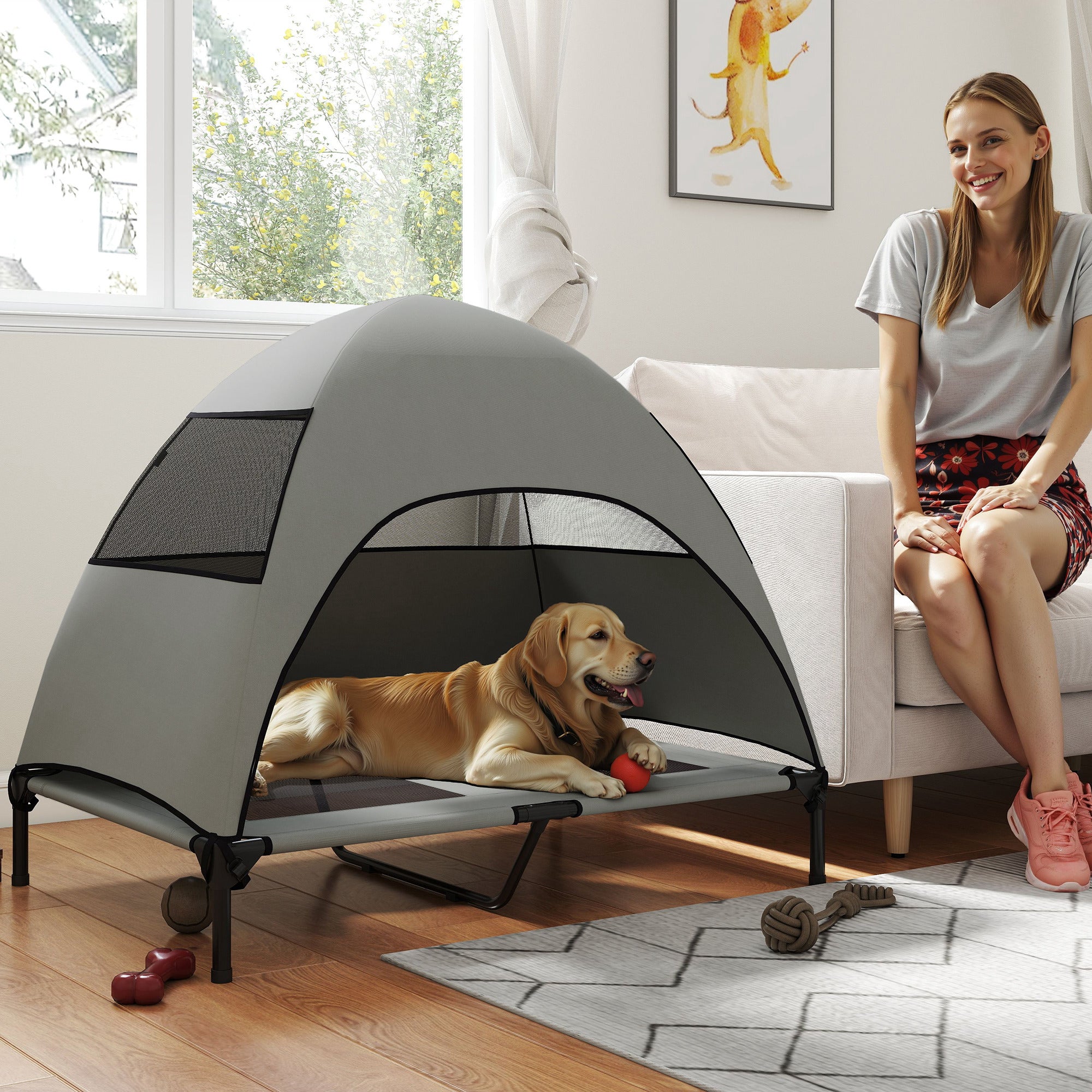 Elevated Dog Bed with Canopy Raised Dog Bed  Washable Mesh Steel Frame 41.7" x 29.9" x 39" Light Grey