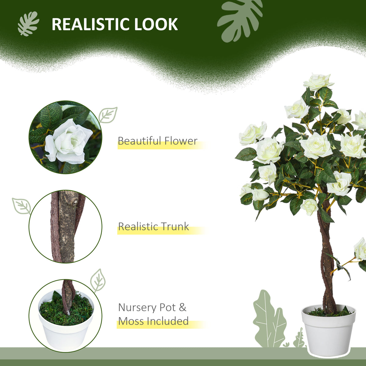 3FT Artificial Plant White Rose Floral in Pot, Fake Plant for Home Indoor Decor-Artificial Trees-DECOROLALA