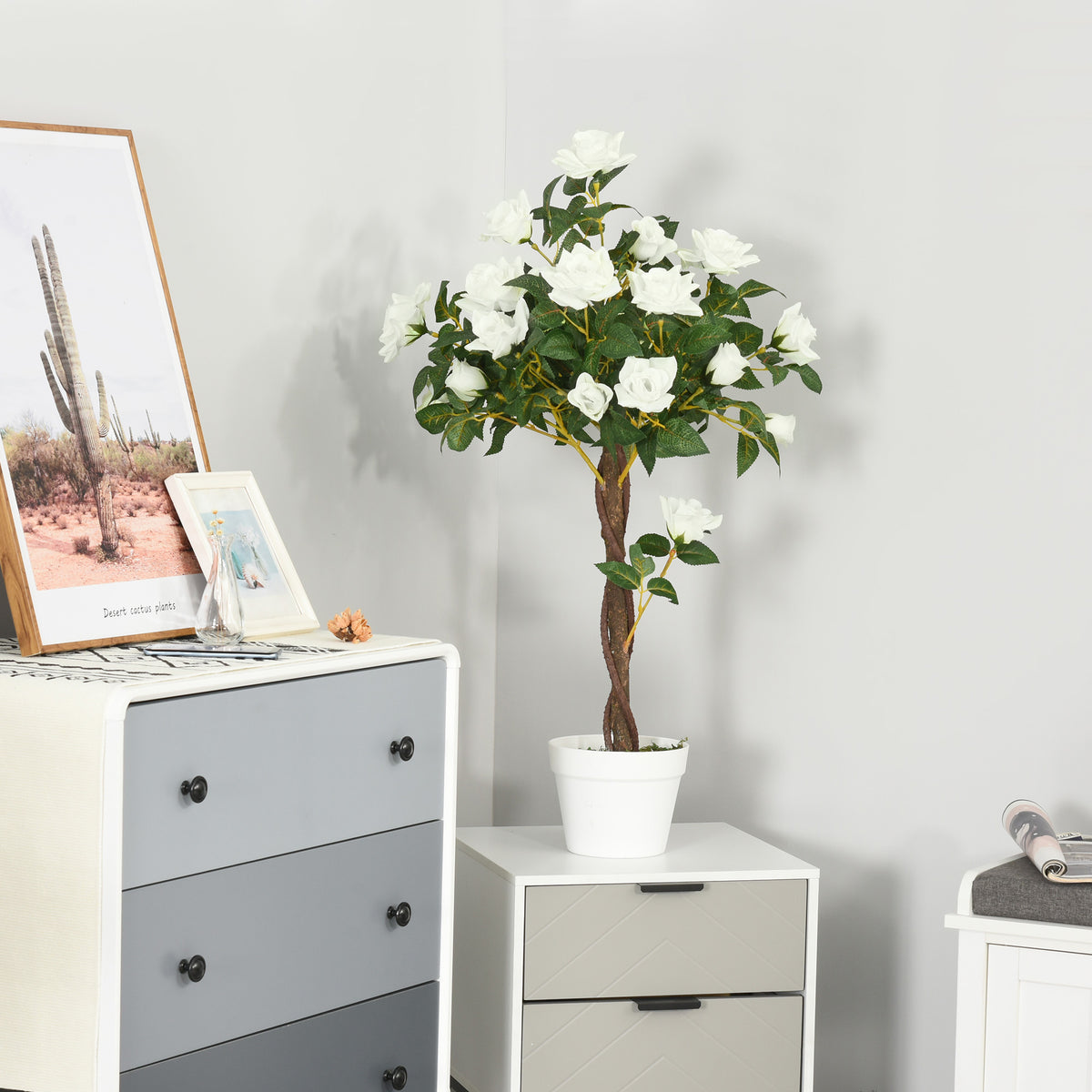 3FT Artificial Plant White Rose Floral in Pot, Fake Plant for Home Indoor Decor-Artificial Trees-DECOROLALA