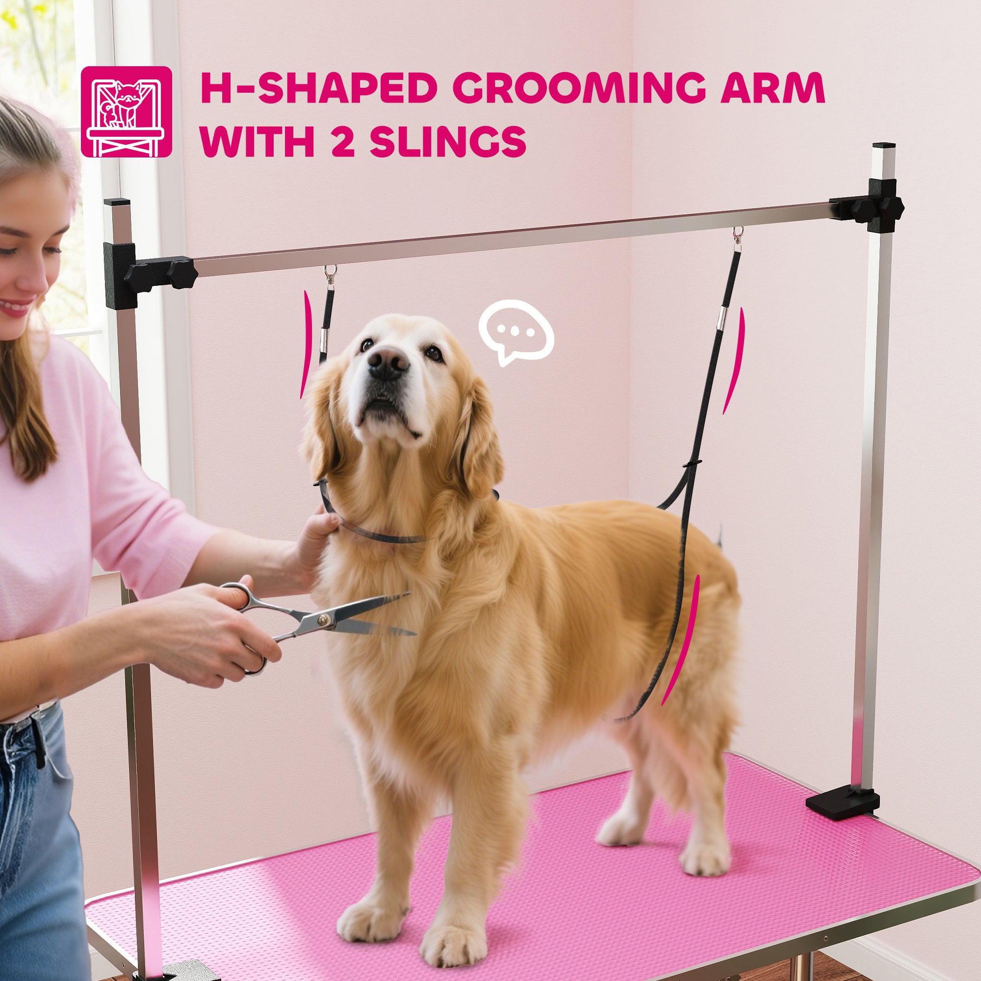 Adjustable Dog Grooming Table with 2 Safety Slings, Storage Basket, Pink