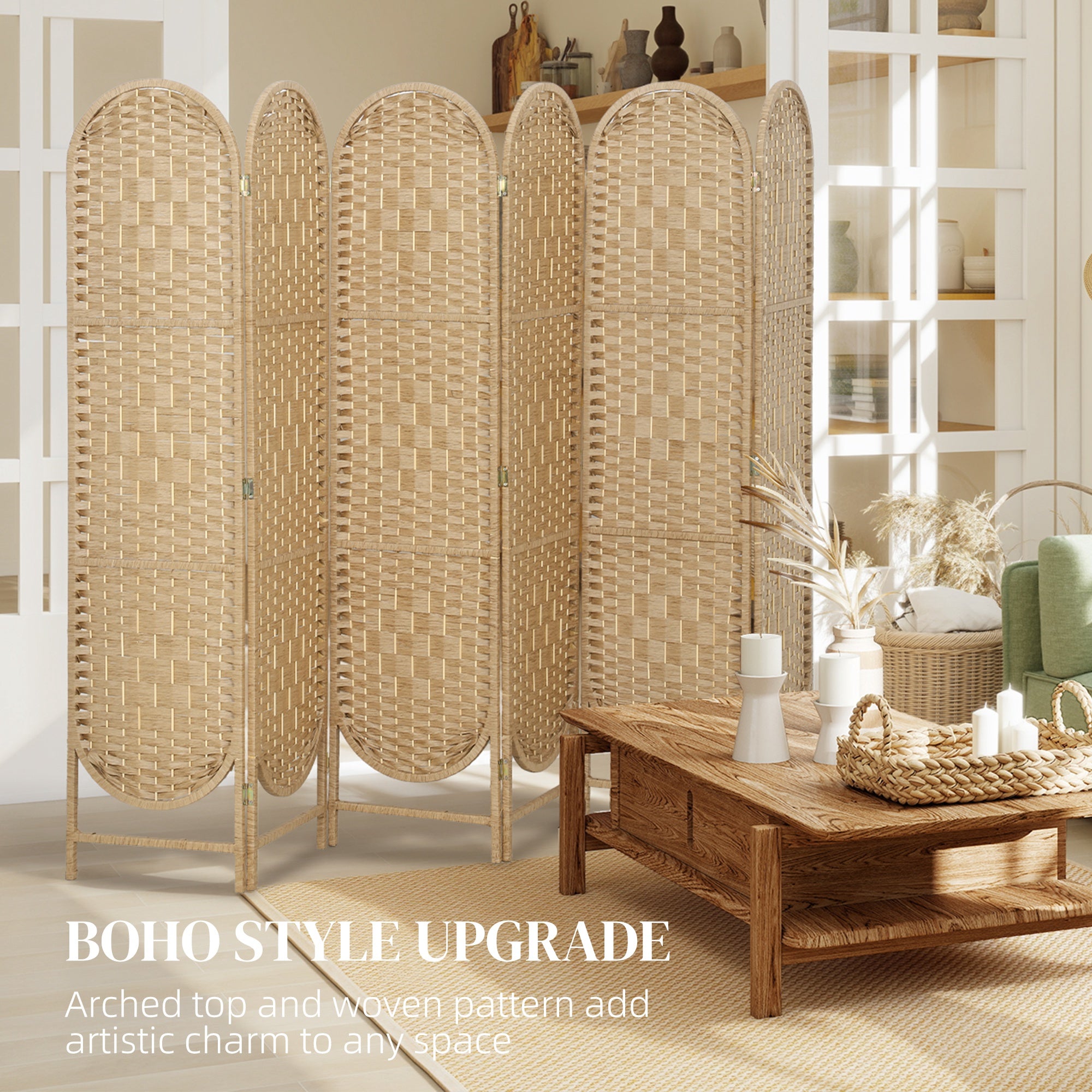 Bohemian Privacy Screen, Folding Room Divider with 6 Panels and Arched Top for Bedroom Living Room Office, Natural Wood