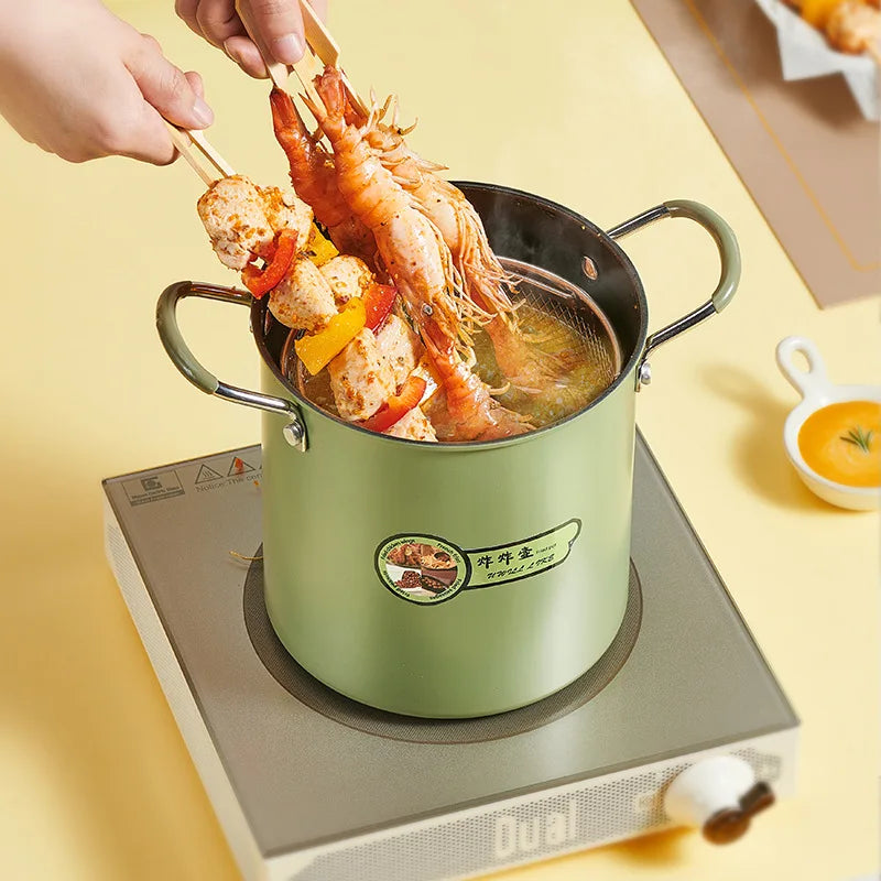 3L Deep Fryer Pot with Basket Oil Strainer Mini Pasta Pot Green-Deep Fryers-DECOROLALA