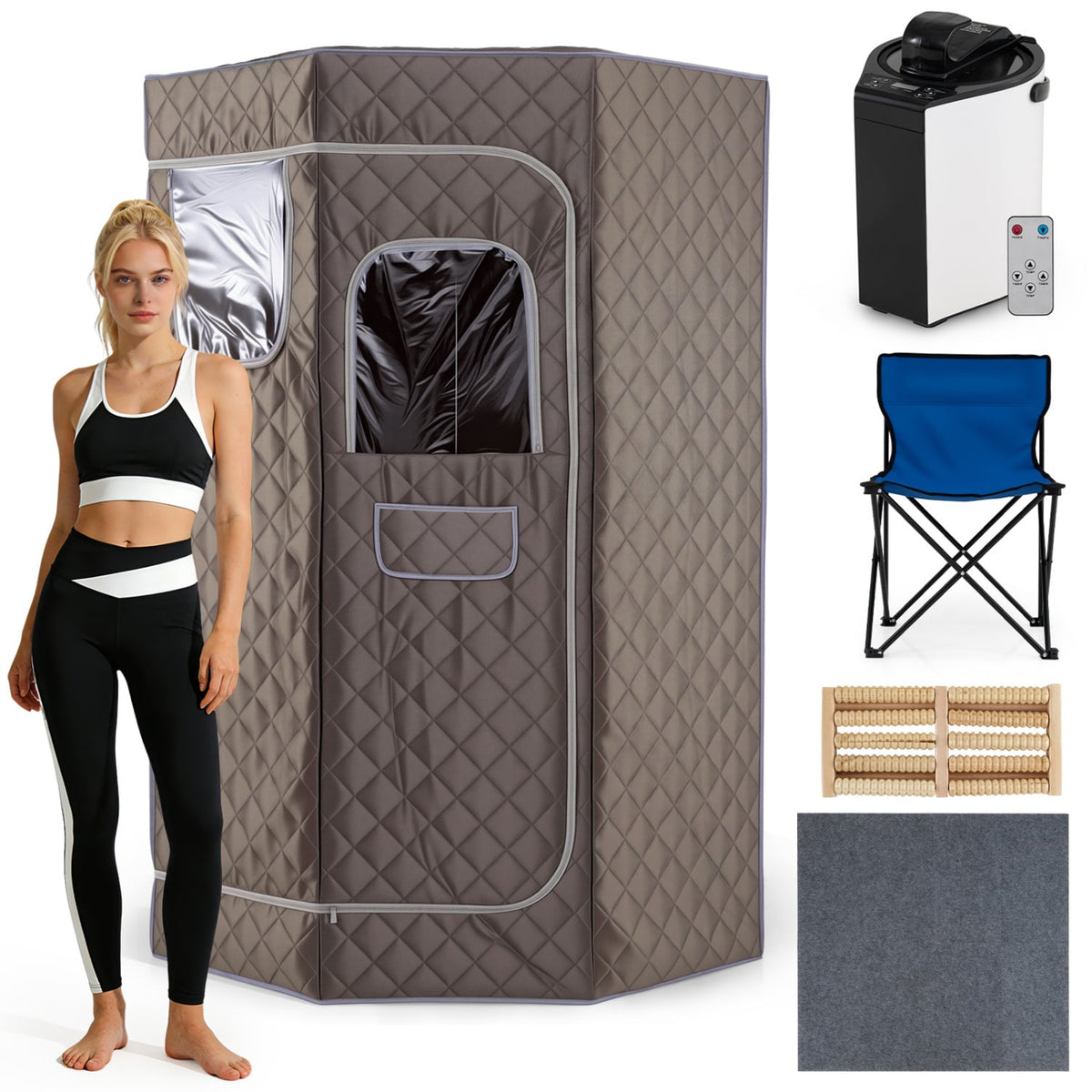 3L Portable Steam Sauna for Home Fast-Heat with 9-Level Remote Control and Folding Chair-Gray-Saunas-DECOROLALA