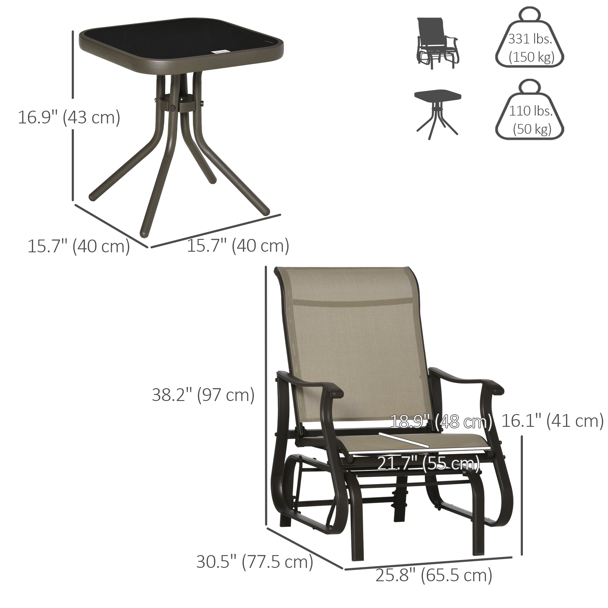 3PC Gliding Rocking Chair & Bistro Table Set, Mixed Grey-DECOROLALA