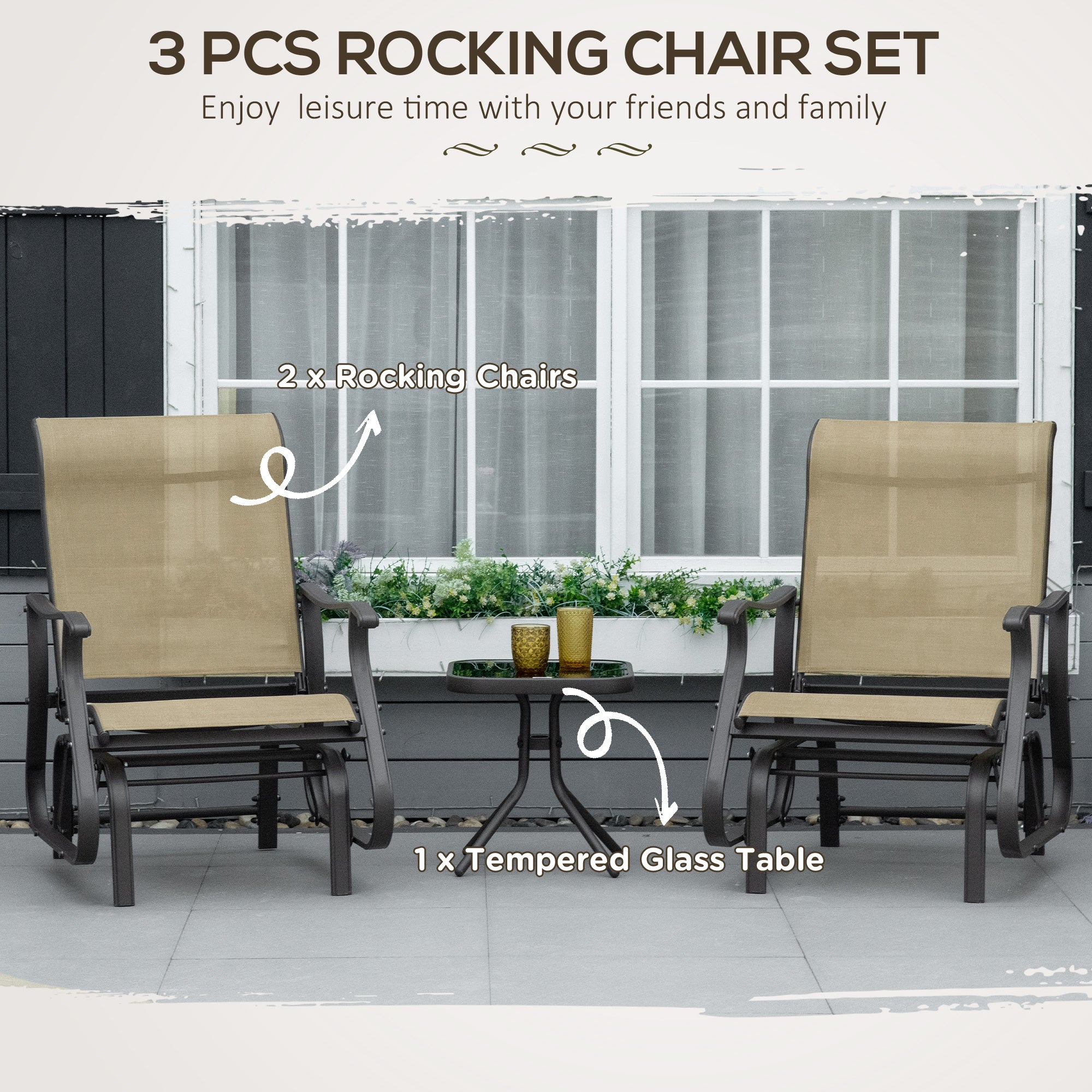3PC Gliding Rocking Chair & Bistro Table Set, Mixed Grey-DECOROLALA