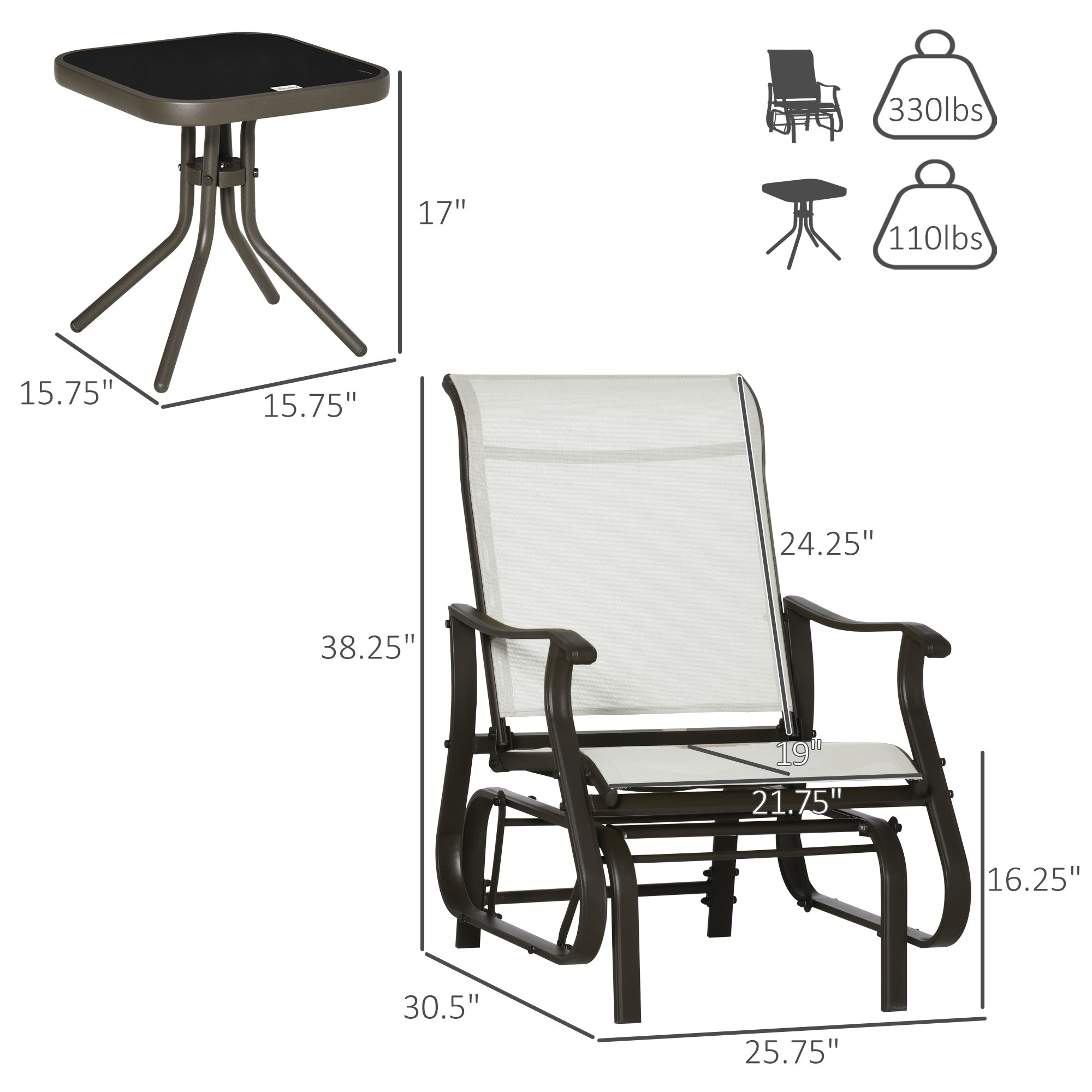 3PC Outdoor Gliding Chair & Bistro Table Set, Cream White-DECOROLALA