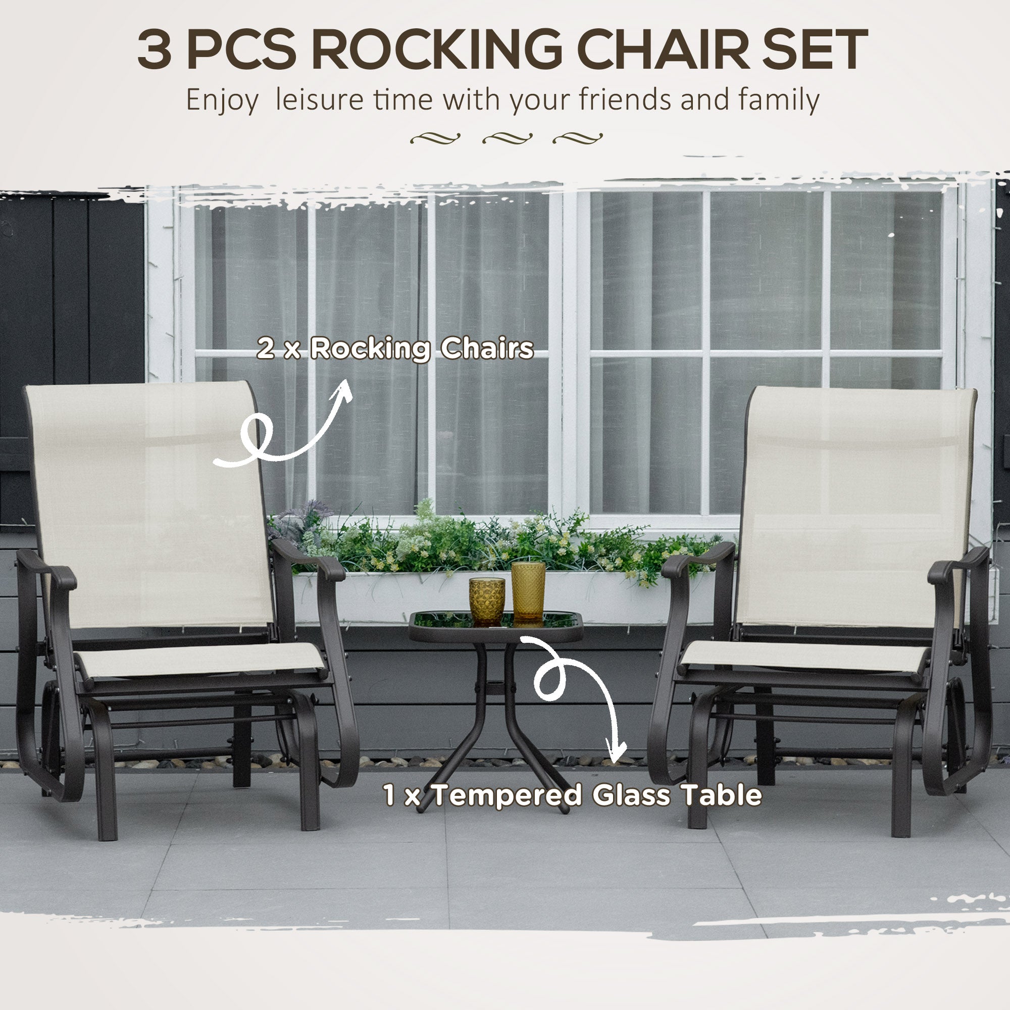 3PC Outdoor Gliding Chair & Bistro Table Set, Cream White-DECOROLALA
