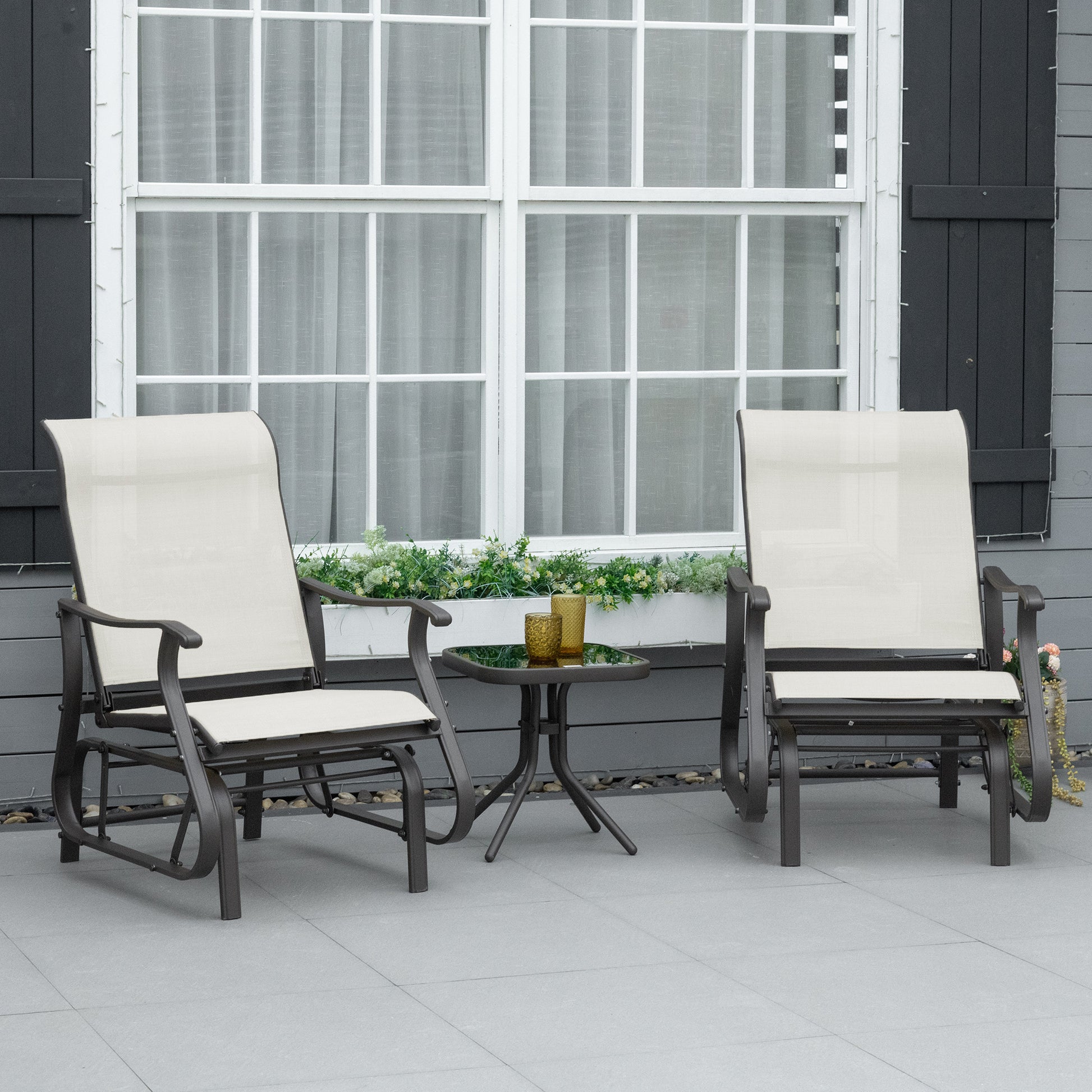 3PC Outdoor Gliding Chair & Bistro Table Set, Cream White-DECOROLALA