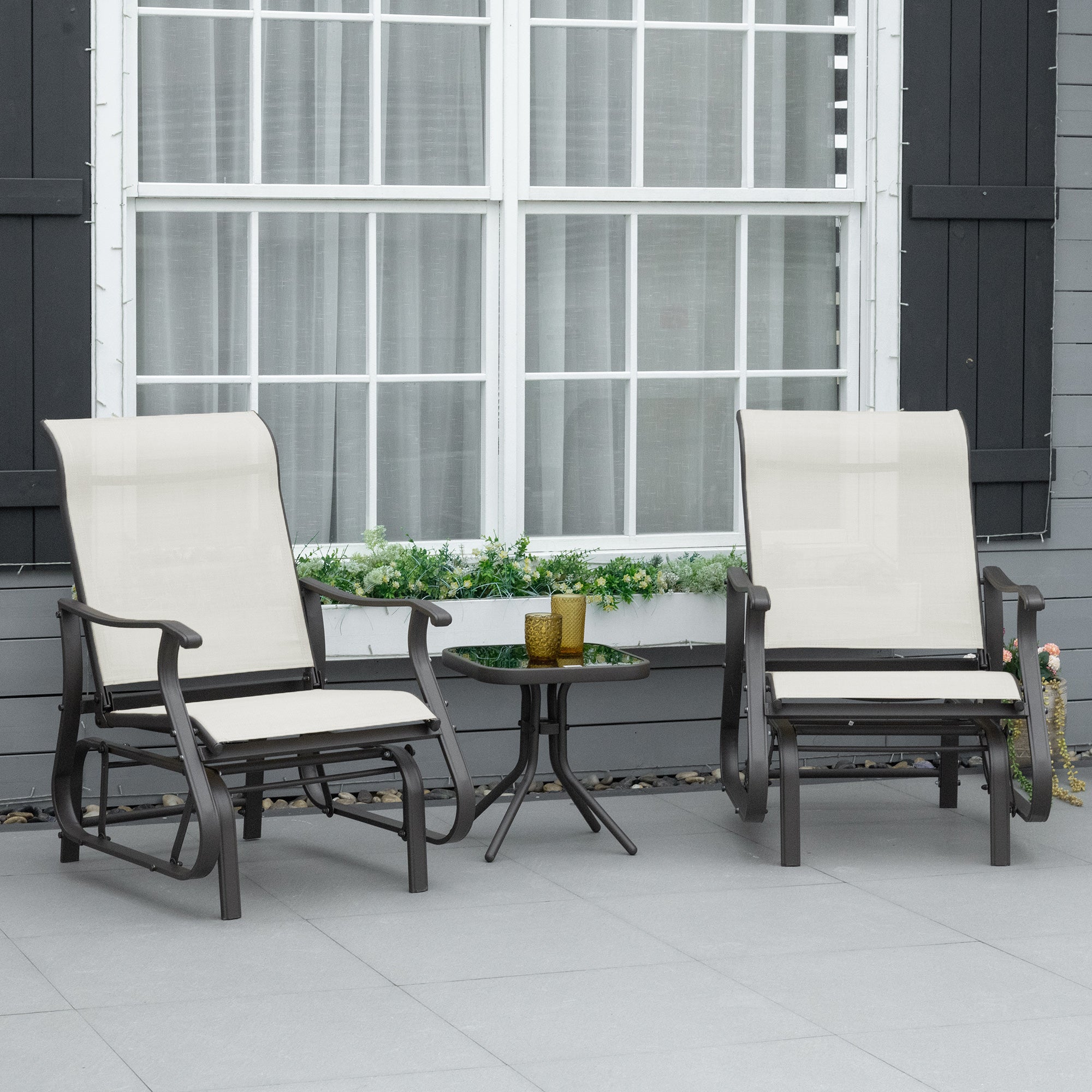 3PC Outdoor Gliding Chair & Bistro Table Set, Cream White-DECOROLALA