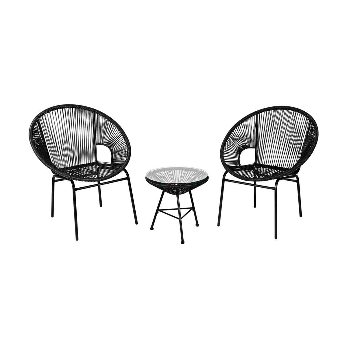 3PCS Patio Acapulco Furniture Bistro Set with GlassTable-Black-Patio Conversation Sets-DECOROLALA