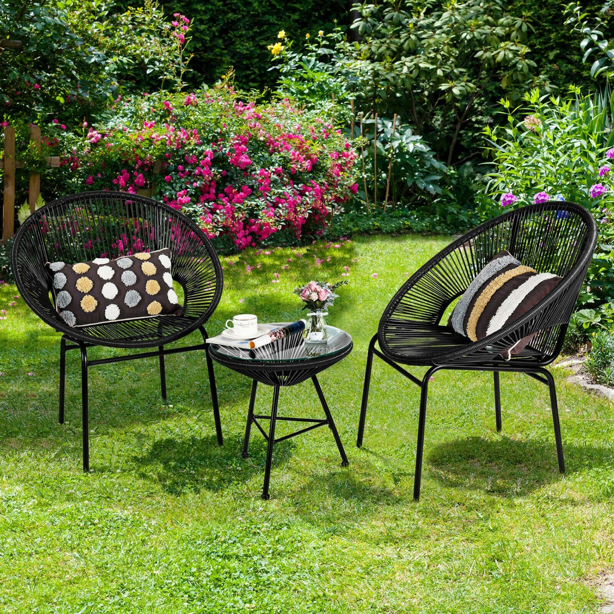 3PCS Patio Acapulco Furniture Bistro Set with GlassTable-Black-Patio Conversation Sets-DECOROLALA