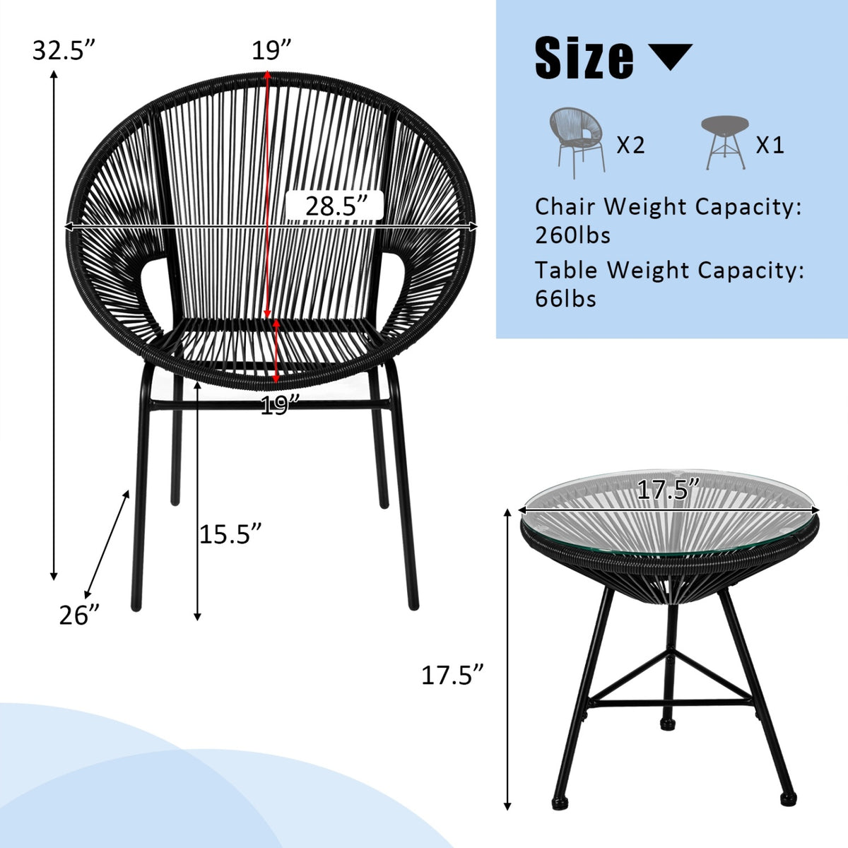 3PCS Patio Acapulco Furniture Bistro Set with GlassTable-Black-Patio Conversation Sets-DECOROLALA