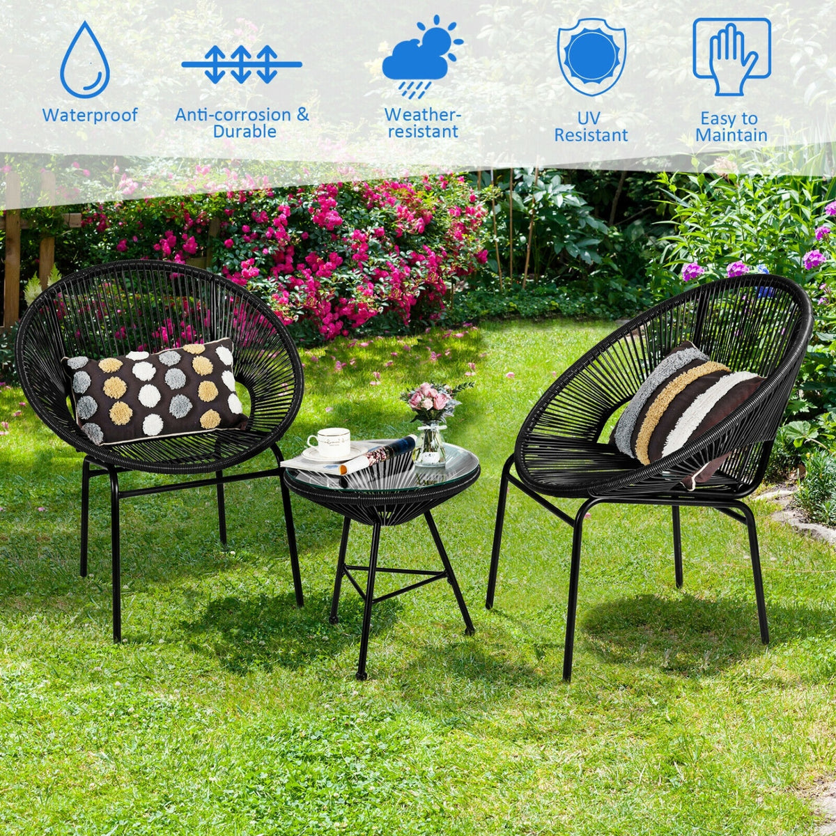 3PCS Patio Acapulco Furniture Bistro Set with GlassTable-Black-Patio Conversation Sets-DECOROLALA