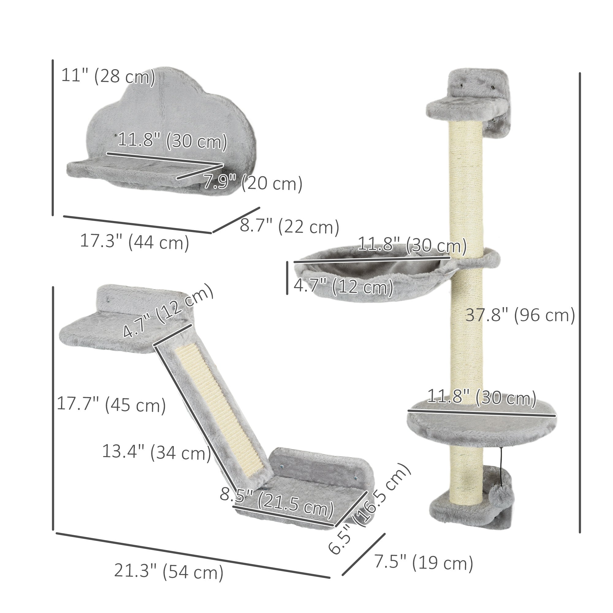 3PCs Cat Shelves with Hammock, Scratching Posts, Platforms, Grey-Cats-DECOROLALA