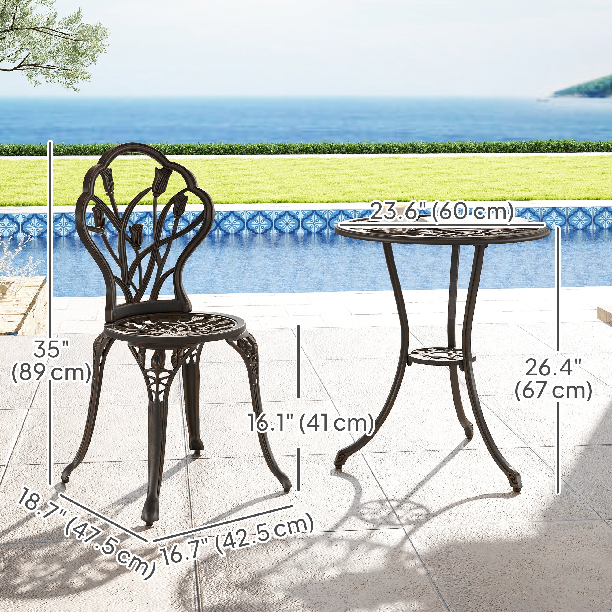 3PCs Patio Bistro Set, Outdoor Cast Aluminum Garden Table and Chairs with Umbrella Hole for Balcony, Bronze-DECOROLALA