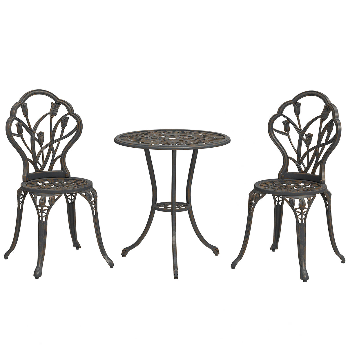 3PCs Patio Bistro Set, Outdoor Cast Aluminum Garden Table and Chairs with Umbrella Hole for Balcony, Bronze-Patio Bistro Sets-DECOROLALA