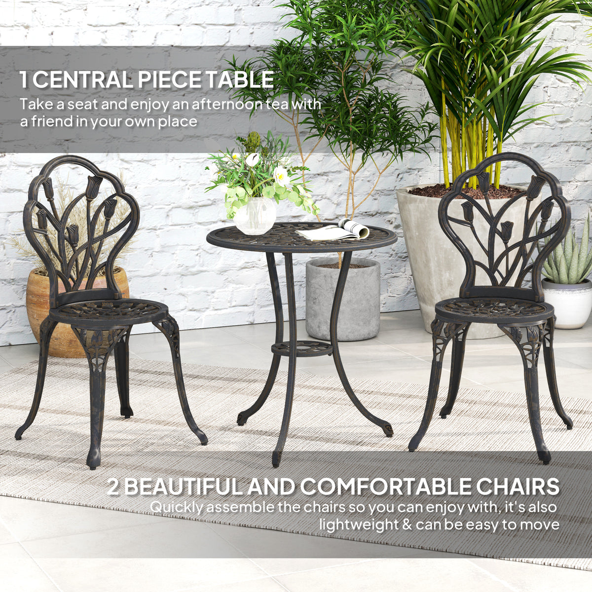 3PCs Patio Bistro Set, Outdoor Cast Aluminum Garden Table and Chairs with Umbrella Hole for Balcony, Bronze-Patio Bistro Sets-DECOROLALA