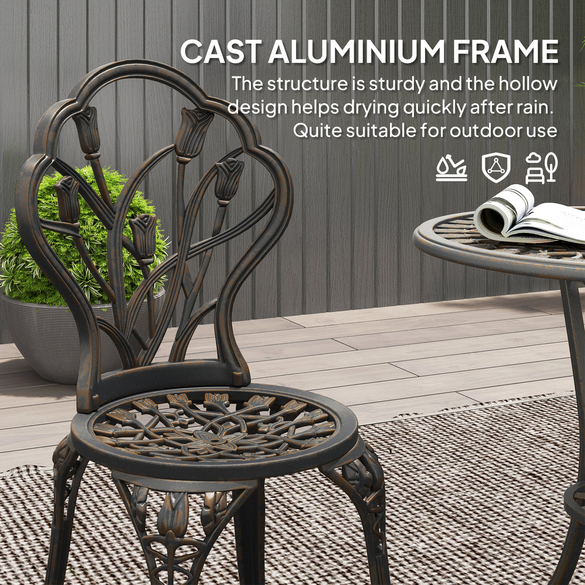 3PCs Patio Bistro Set, Outdoor Cast Aluminum Garden Table and Chairs with Umbrella Hole for Balcony, Bronze-Patio Bistro Sets-DECOROLALA