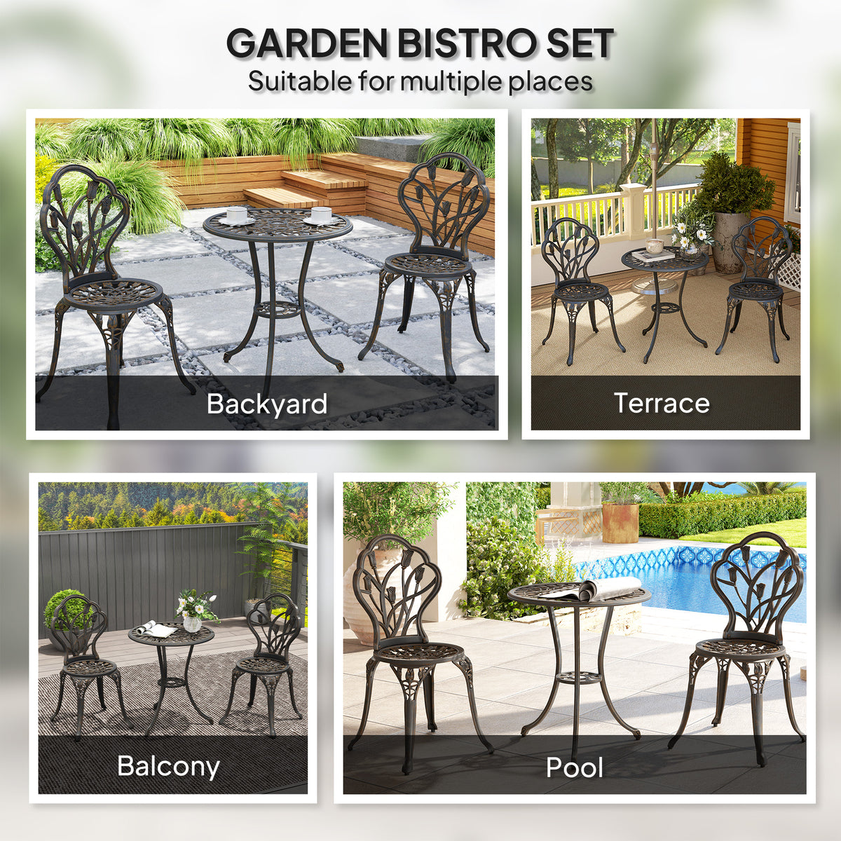 3PCs Patio Bistro Set, Outdoor Cast Aluminum Garden Table and Chairs with Umbrella Hole for Balcony, Bronze-Patio Bistro Sets-DECOROLALA
