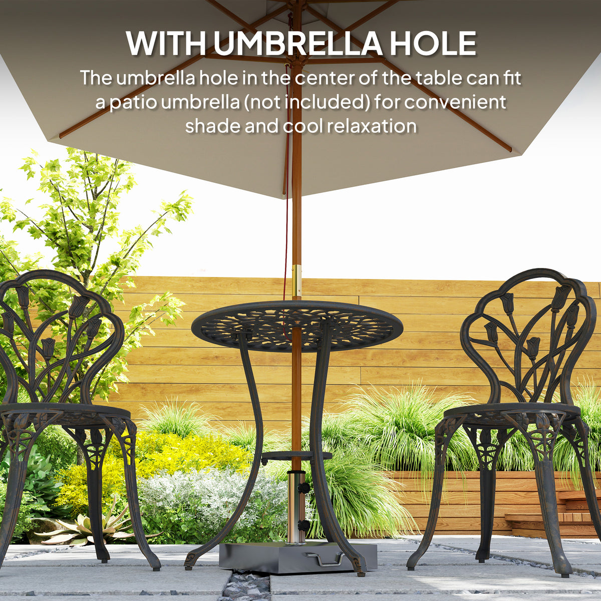 3PCs Patio Bistro Set, Outdoor Cast Aluminum Garden Table and Chairs with Umbrella Hole for Balcony, Bronze-Patio Bistro Sets-DECOROLALA