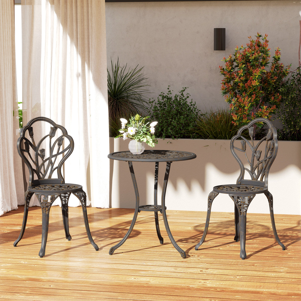 3PCs Patio Bistro Set, Outdoor Cast Aluminum Garden Table and Chairs with Umbrella Hole for Balcony, Bronze-Patio Bistro Sets-DECOROLALA