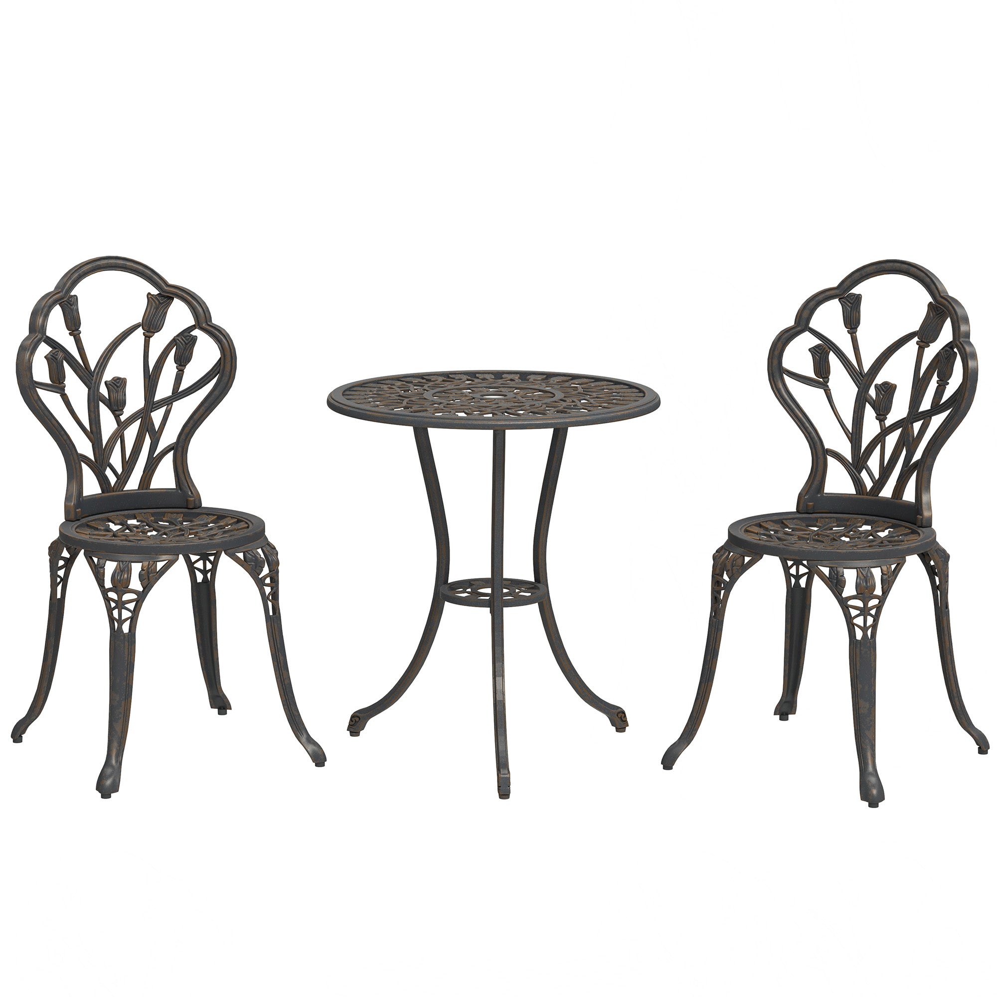 3PCs Patio Bistro Set, Outdoor Cast Aluminum Garden Table and Chairs with Umbrella Hole for Balcony, Bronze-DECOROLALA
