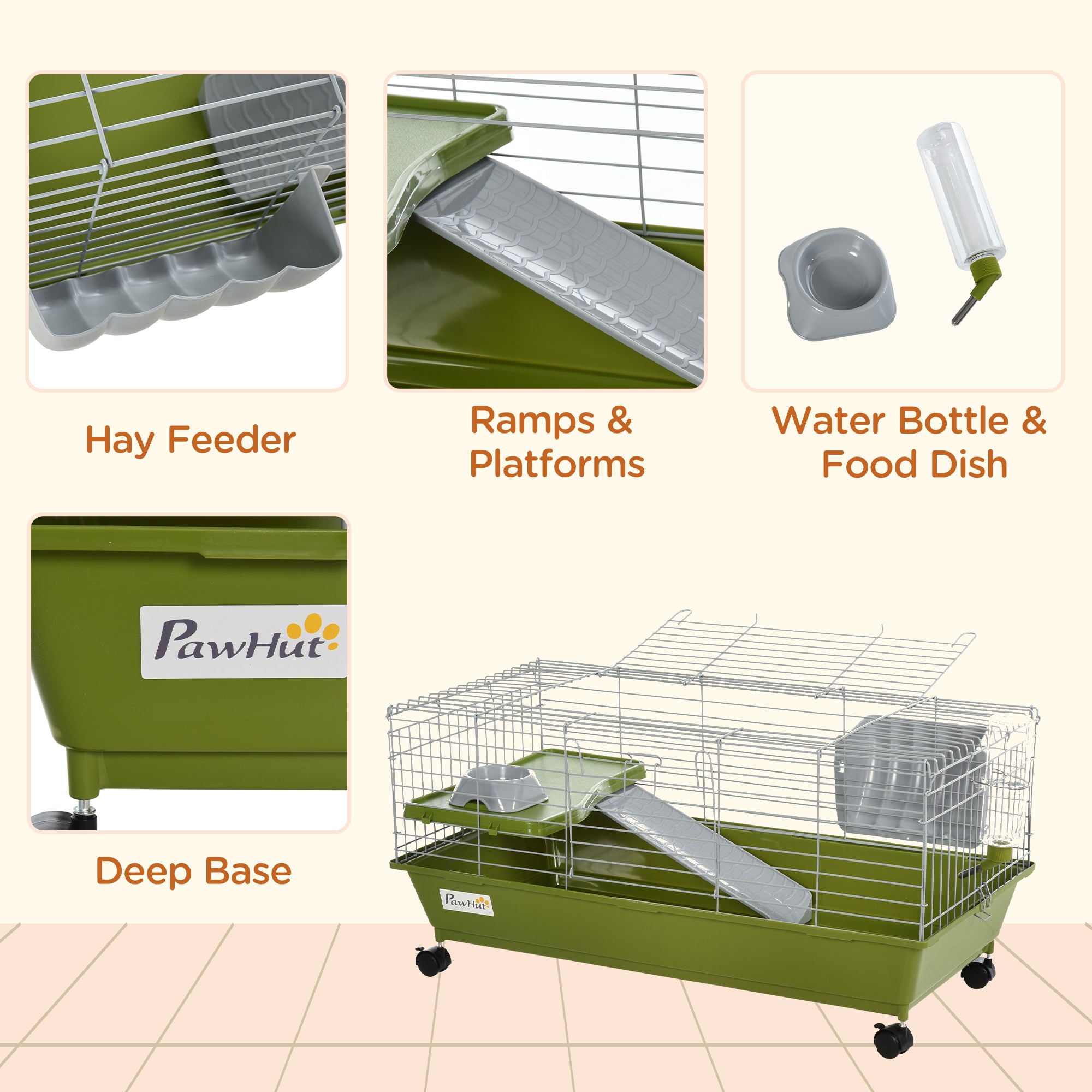 Small Animal Cage, Rolling Bunny Cage, Guinea Pig Cage with Food Dish, Water Bottle, Hay Feeder, Platform, Ramp, Green