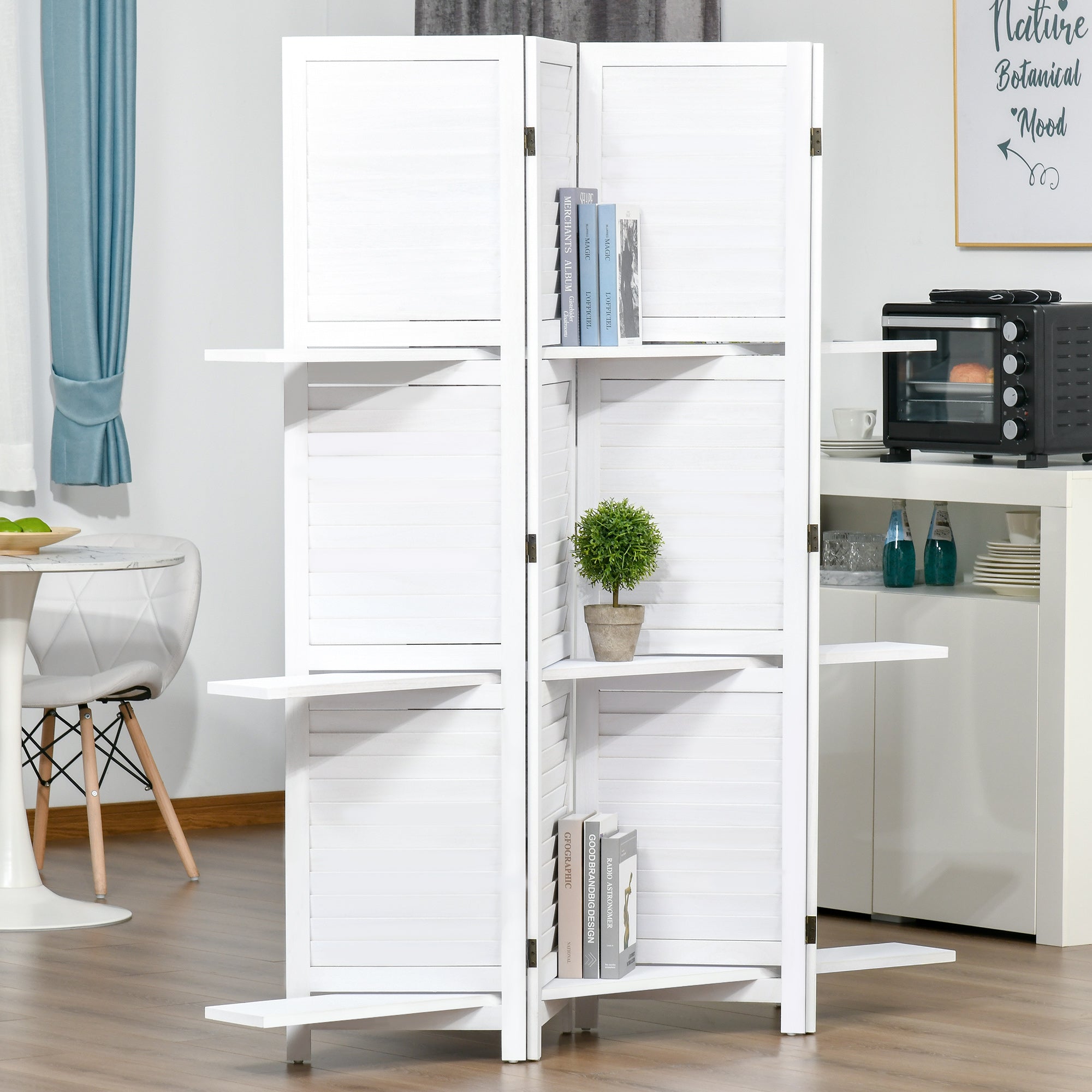 Séparateur de pièce mural à 4 panneaux avec 3 étagères de rangement, design pliable, cadre en bois, 5,6 pieds, blanc