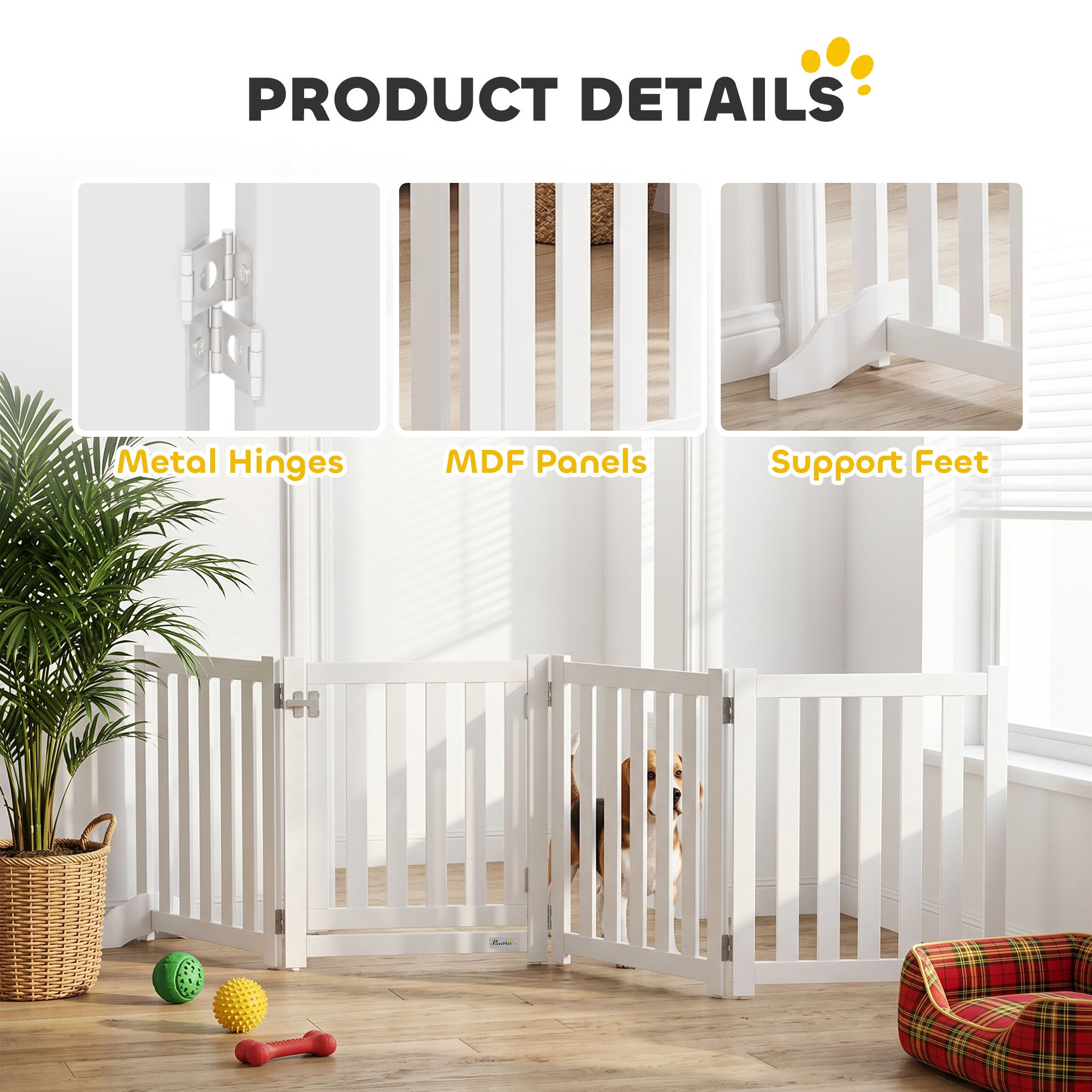 Barrière pliable pour chien de 23.5"H avec porte, 4 panneaux, barrière autoportante pour animaux avec pieds de support, enclos intérieur pour chiots et chiens, blanc