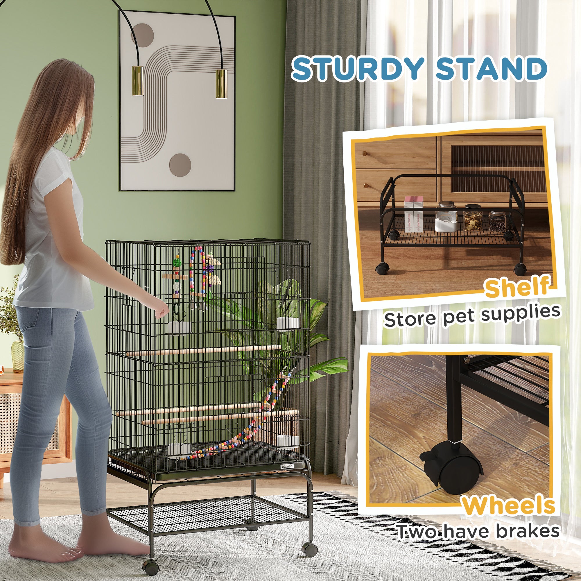 43" Bird Cage with Rolling Stand, Toys, for Budgies Canaries Black