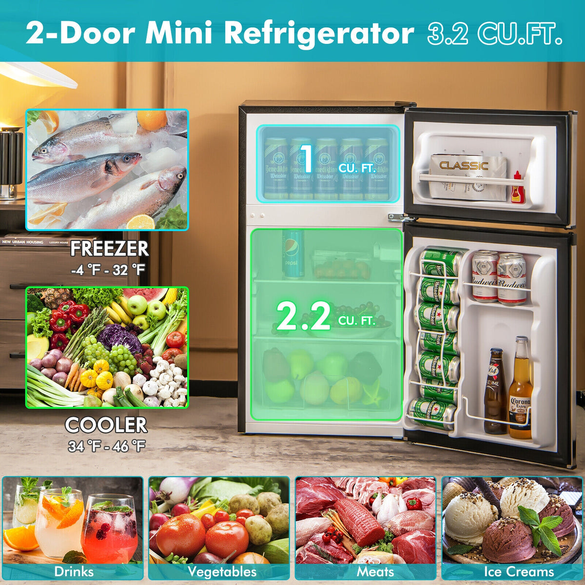 3.2 Cu. Ft Compact Mini Fridge with 5 Temperature Settings-Sliver-Refrigerators-DECOROLALA
