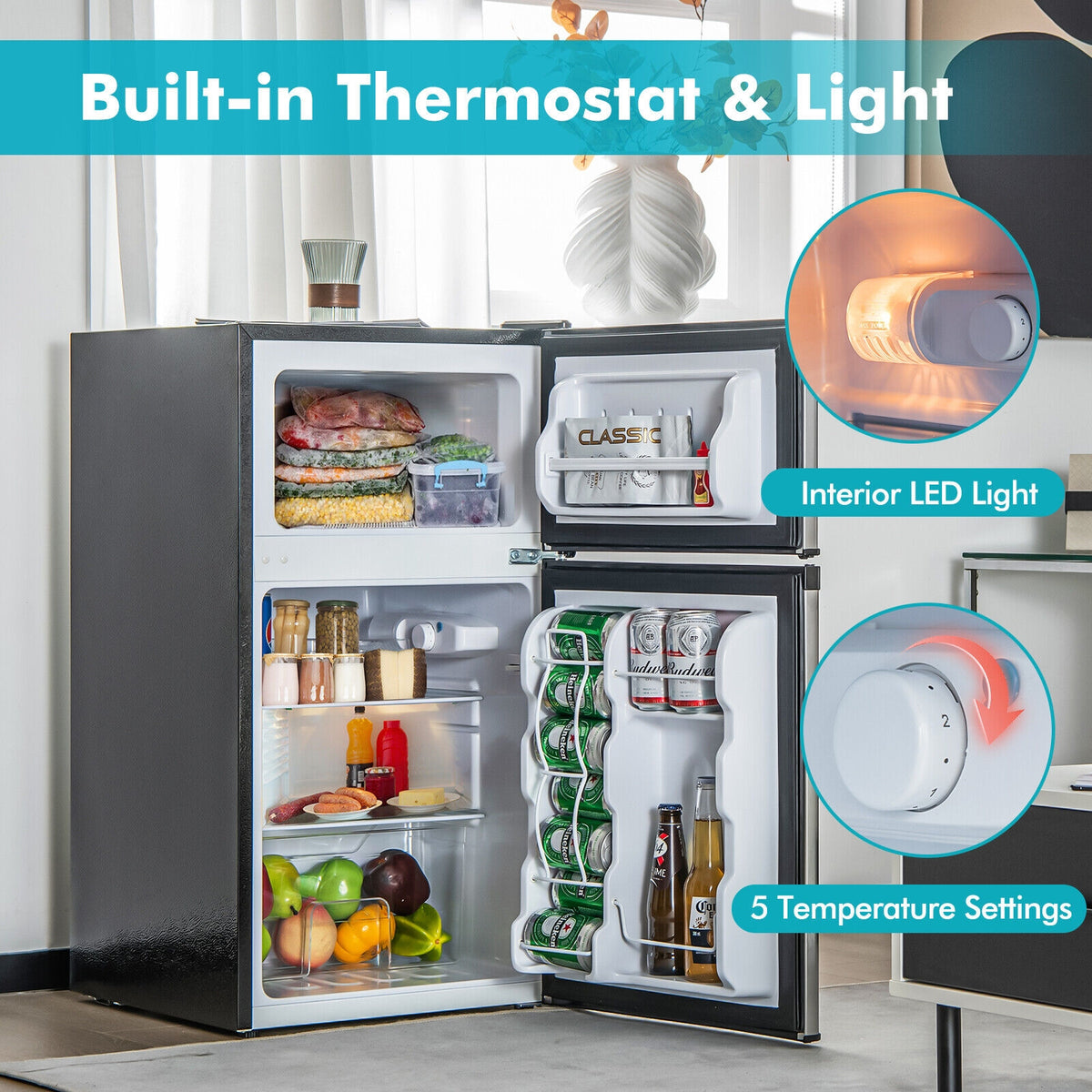 3.2 Cu. Ft Compact Mini Fridge with 5 Temperature Settings-Sliver-Refrigerators-DECOROLALA